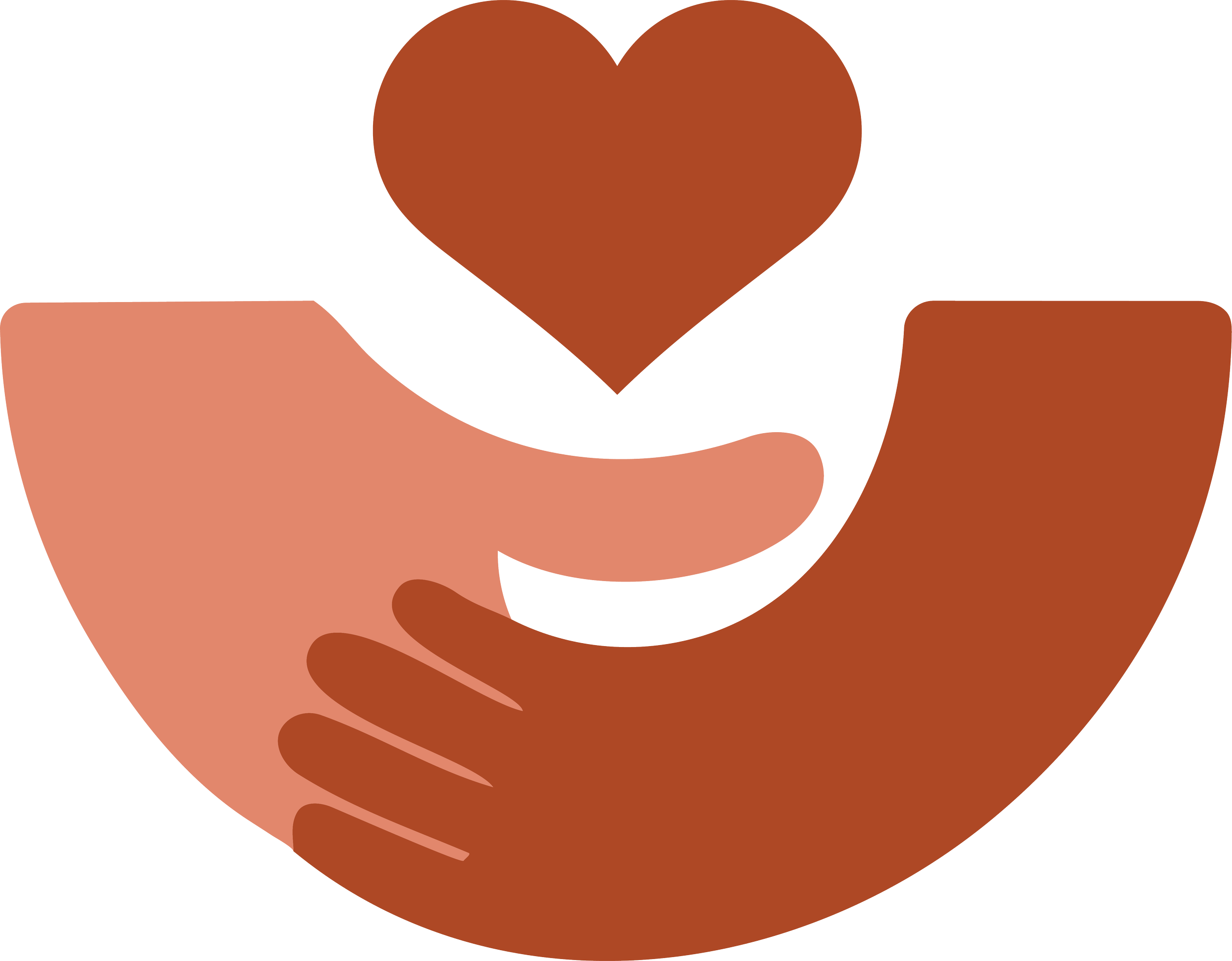 Illustration of two hands, one light-skinned and one dark-skinned, holding a brown heart together.