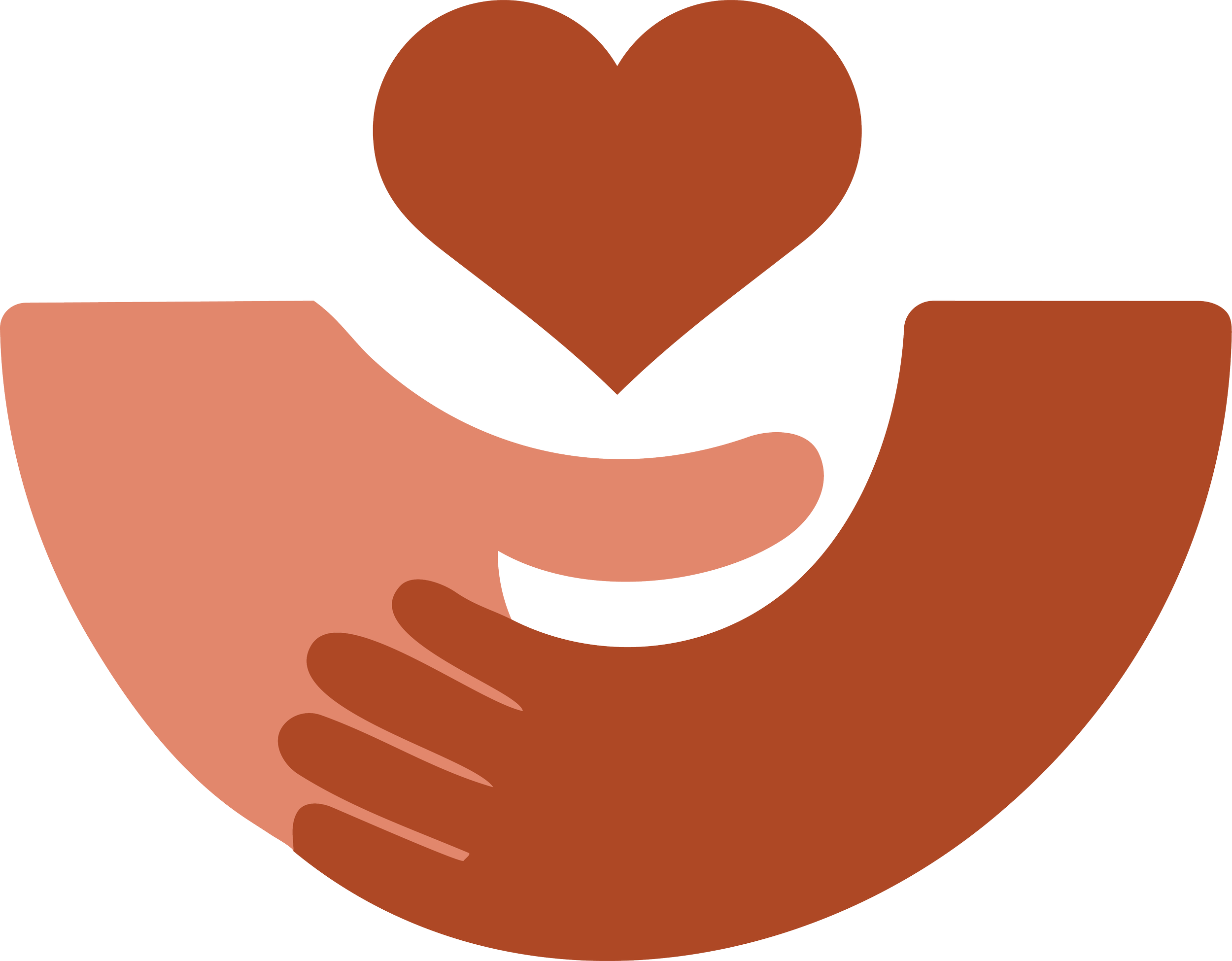 Two hands of different skin tones holding a brown heart above them.