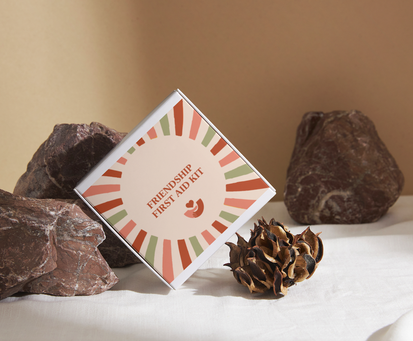 Box labeled 'Friendship First Aid Kit' surrounded by rocks and a pine cone on a white surface with a beige background.