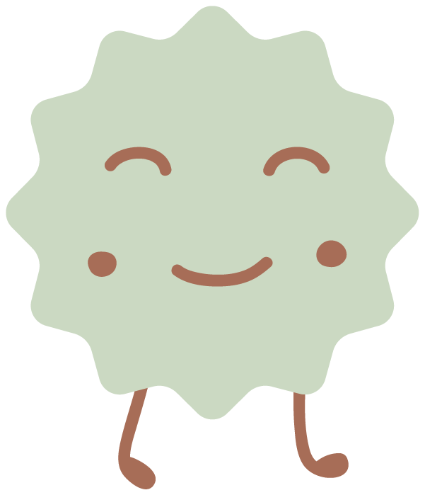 Cute cartoon character with a round, spiky light green body, smiling face, small eyes, round cheeks, and two thin legs.