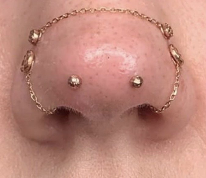 Close-up of a nose with a decorative gold chain with beads and balls wrapped around the nostrils.