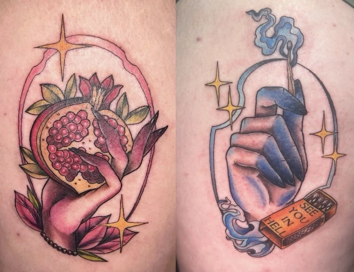 Tattoo of a hand holding a pomegranate with leaves on a pink oval background on the left. On the right, a tattoo of a hand holding a lit cigarette with smoke, surrounded by a banner that says 'SEEN YOU IN HELL' on a pink oval background.
