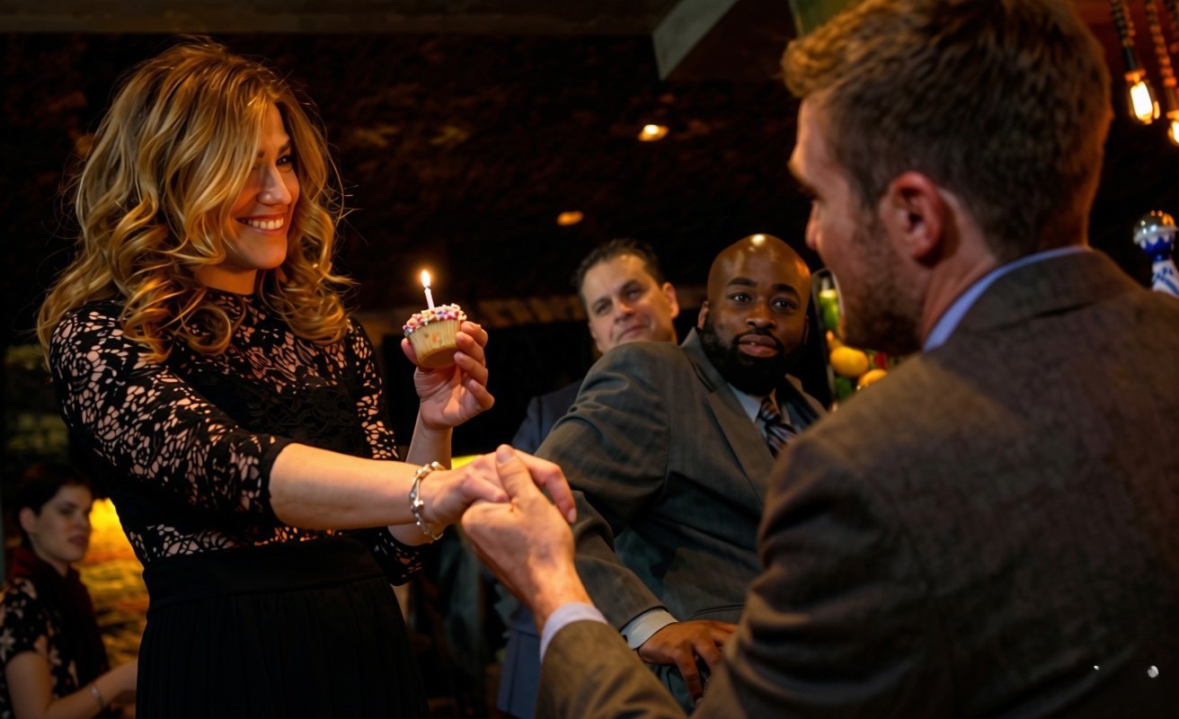 Dana Marisa's role in Dead Drunk, a short film she wrote and directed. She holds a cupcake with a lit candle, as she accepts a marriage proposal.