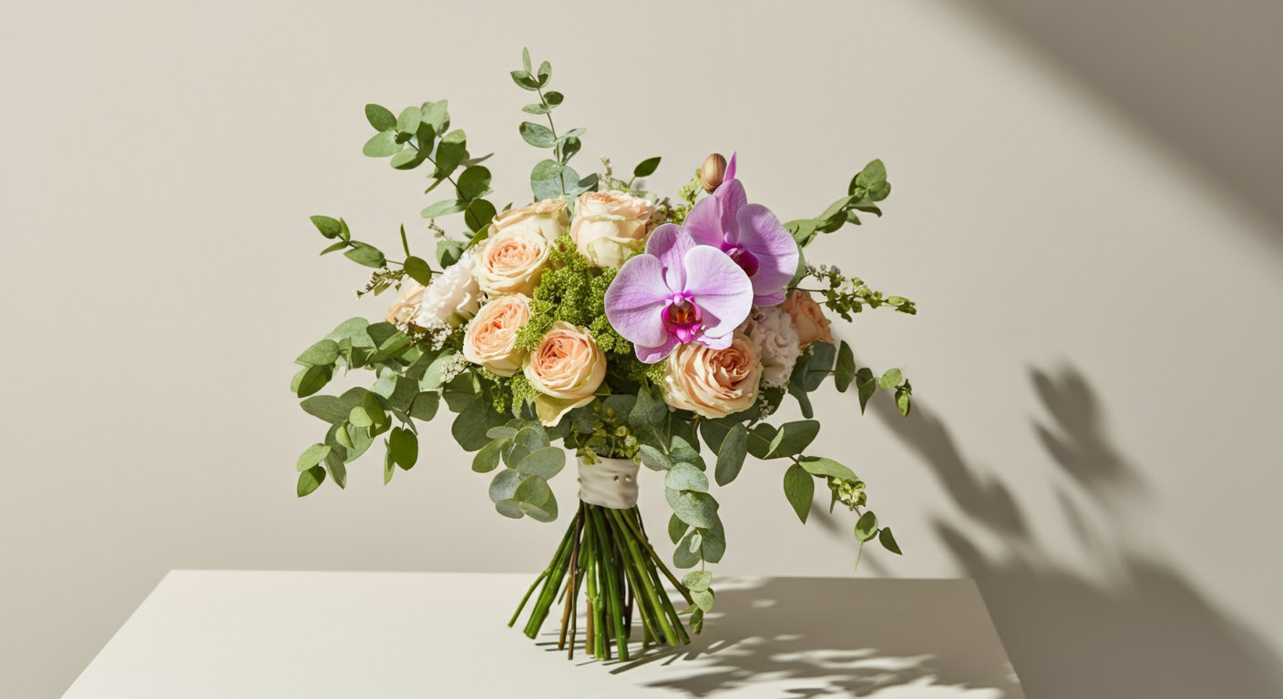 A bouquet of pink and white roses, green foliage, and purple orchids in a glass vase on a white surface, casting a shadow on a plain white background.