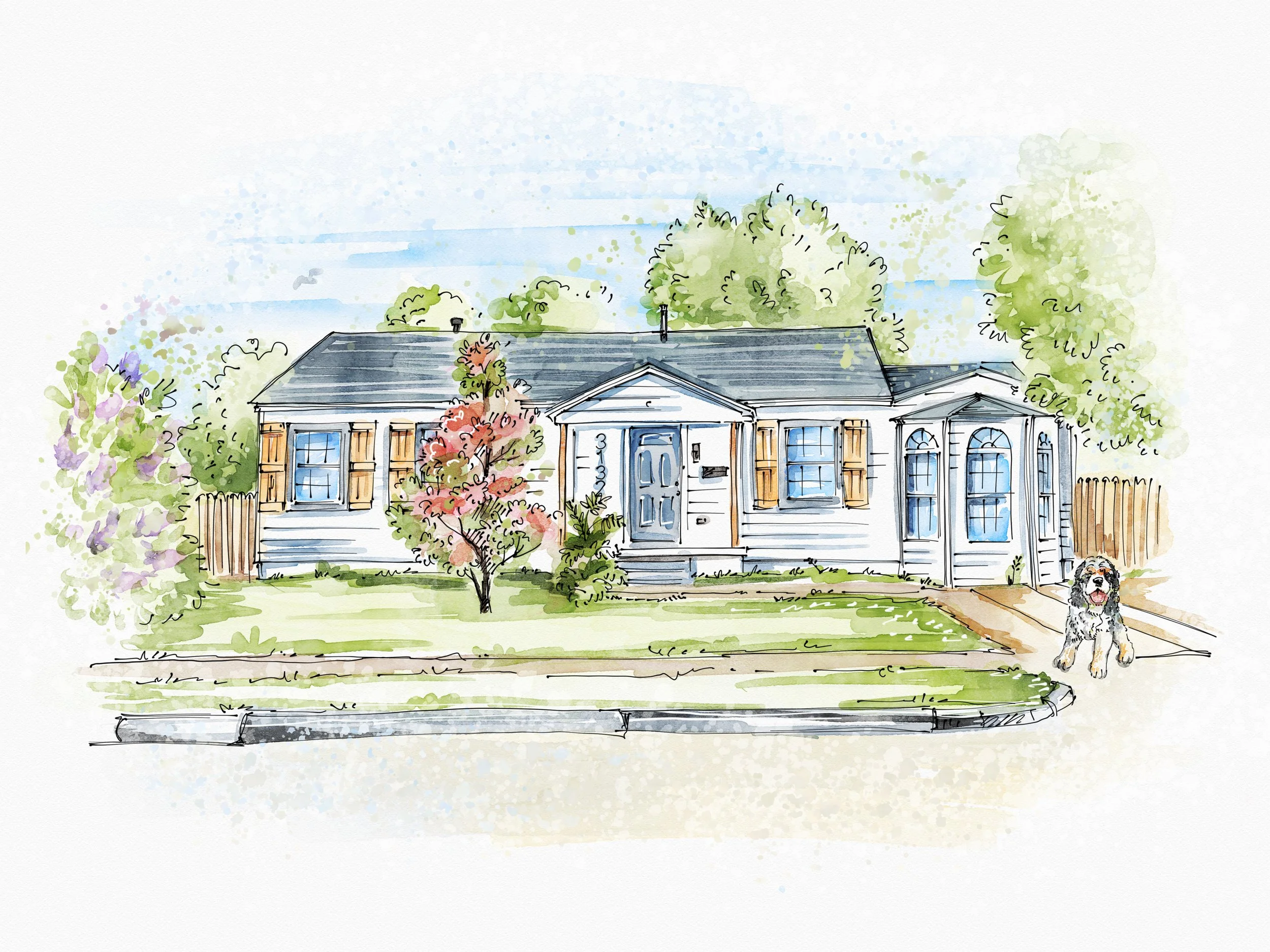 Watercolor illustration of a white single-story house with blue shutters, a small front porch, and a front yard with grass and trees, featuring a dog standing near the sidewalk.