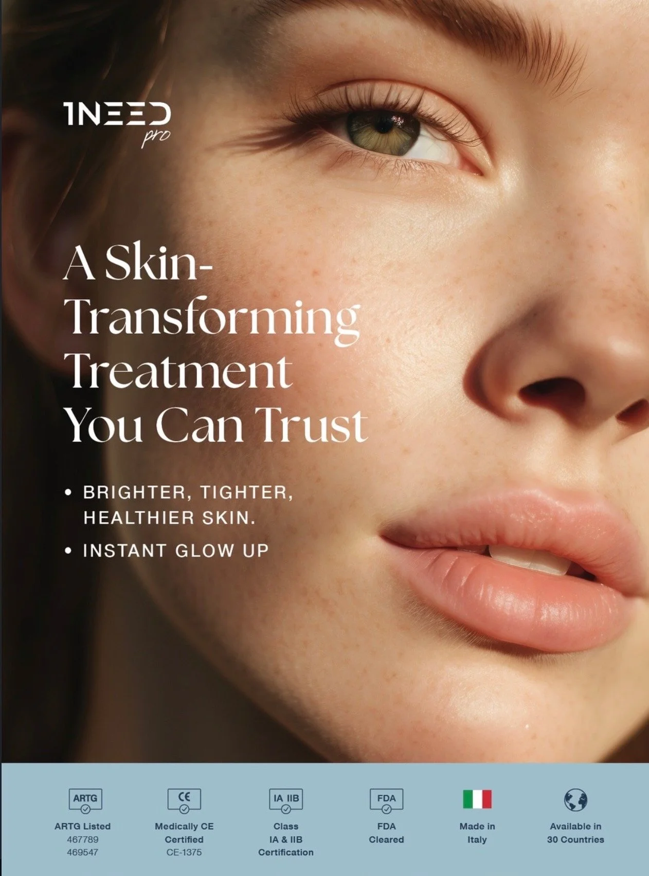 Close-up of a woman’s face with clear skin, green eyes, and pink lips, promoting skin treatment. Text highlights skin-brightening, tightening, and health benefits, plus instant glow. Certification icons and product info at the bottom.