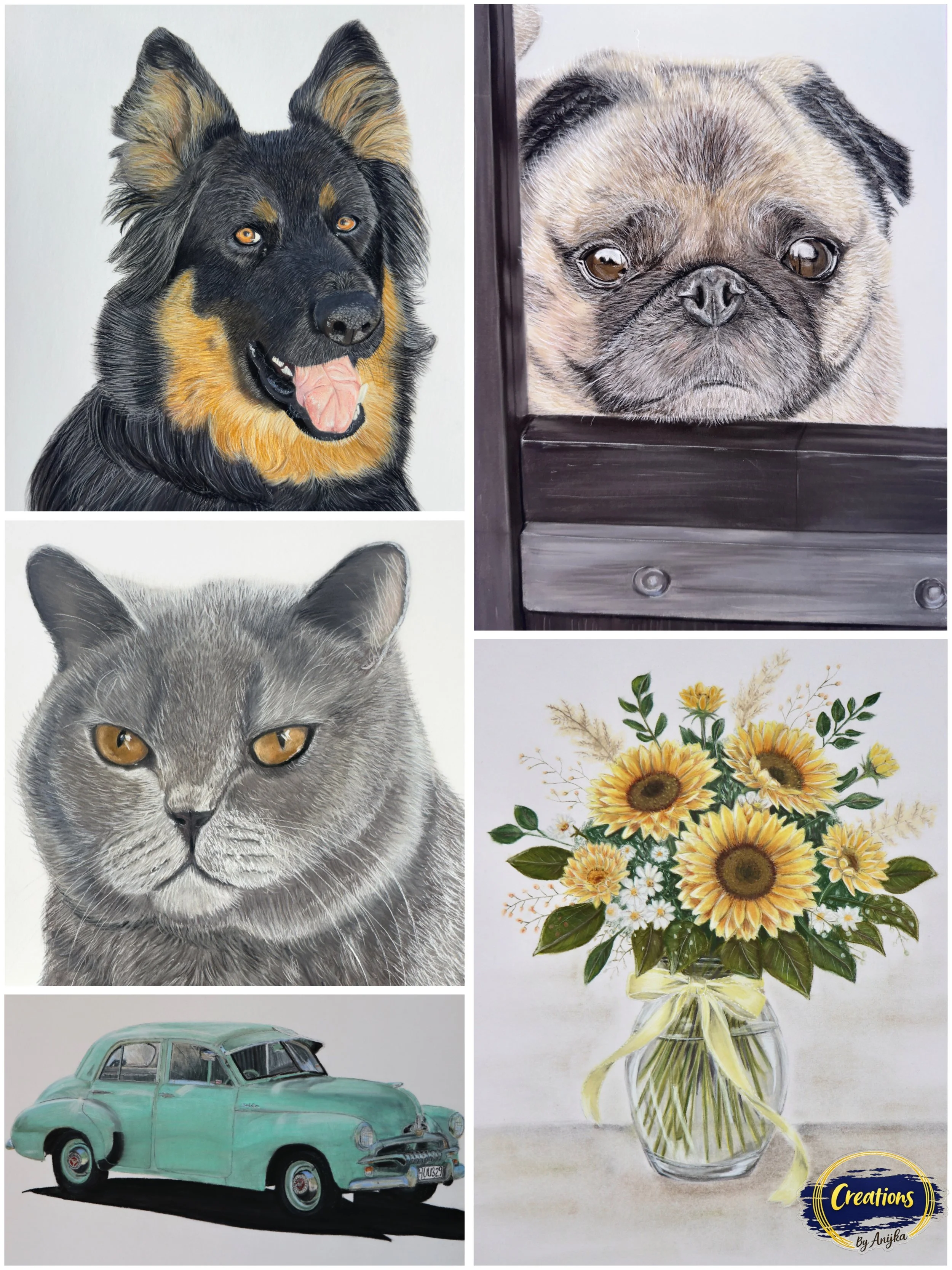 collage of five different paintings: a black and tan dog with its tongue out, a pug dog peeking through a window, a gray cat with yellow eyes, a vintage green car, and a bouquet of sunflowers and other flowers in a glass vase.