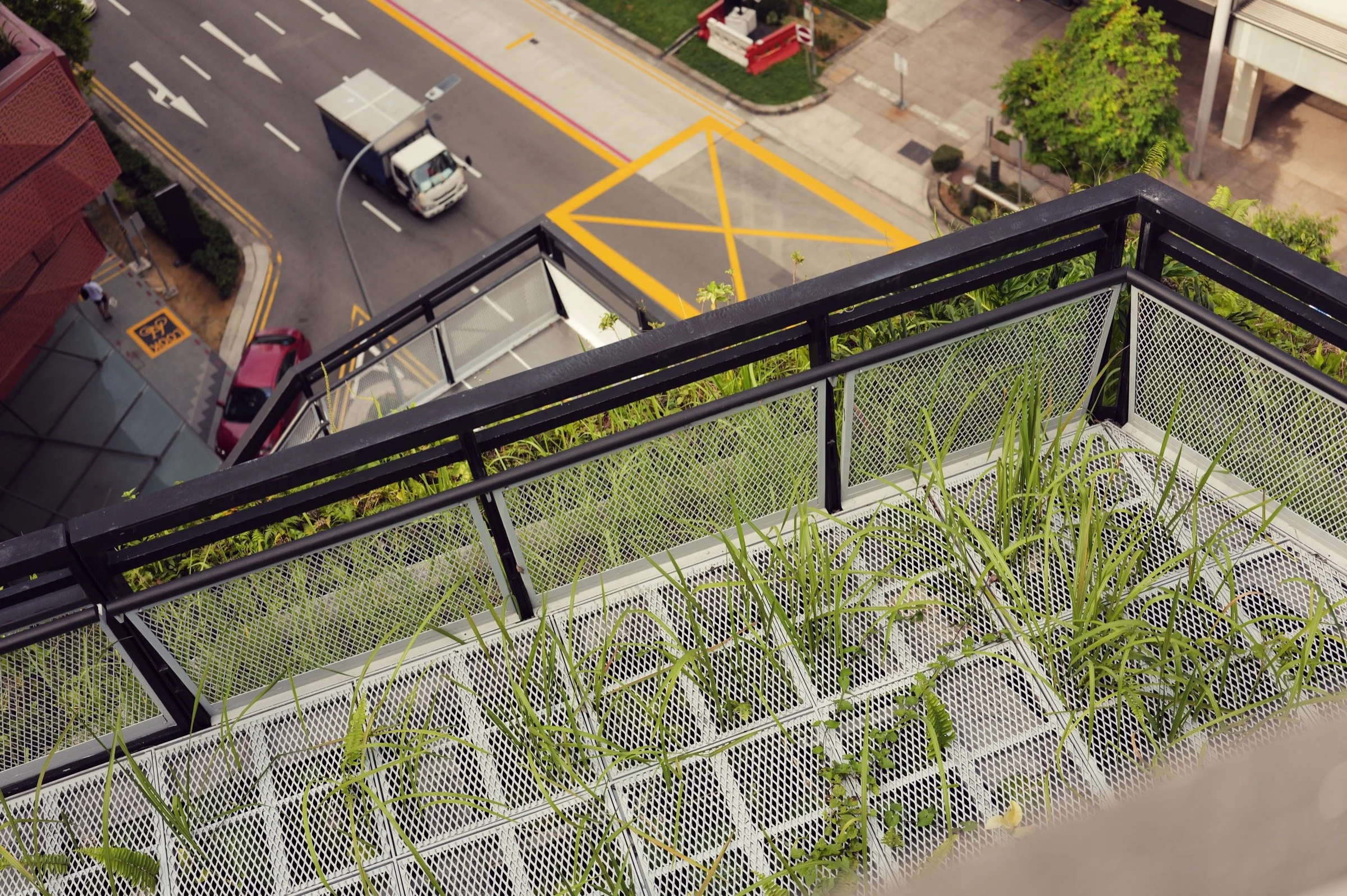 A planted terrace and dark railing overlook cars and a yellow road junction marking below.