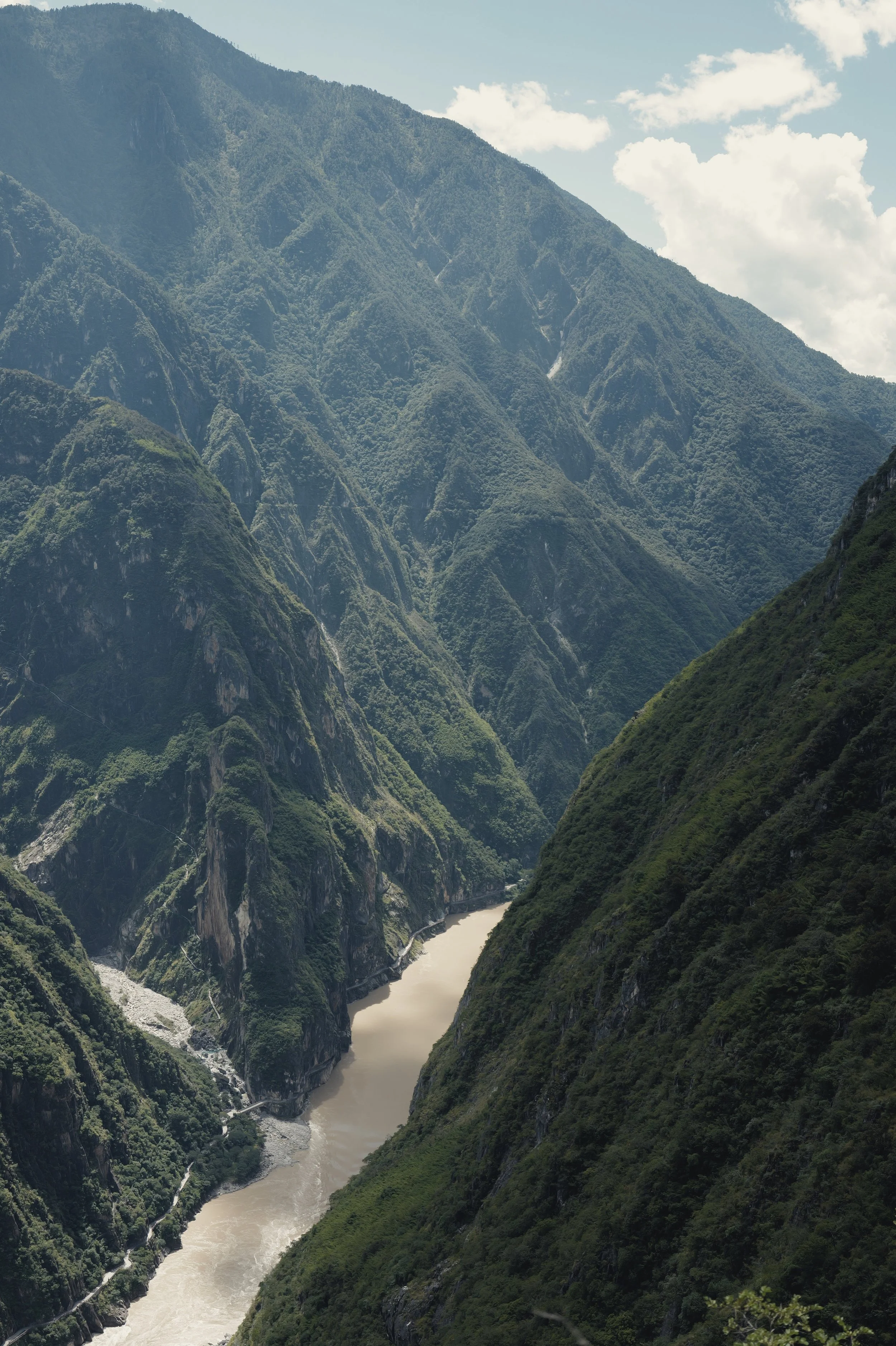 Jinsha River winding beneath steep slopes in Tiger Leaping Gorge