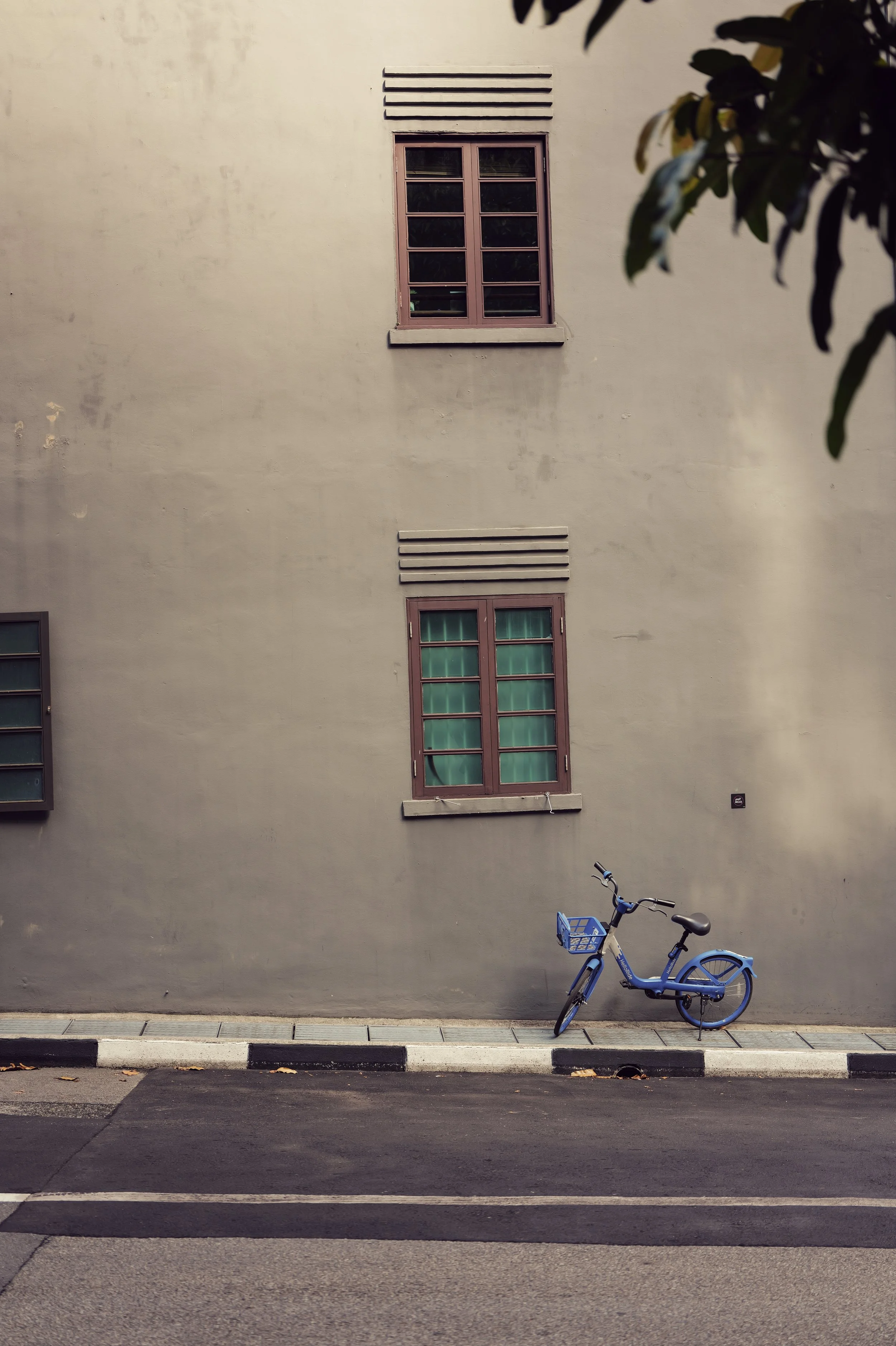 A blue bike with a front basket parked against a beige wall with two windows and some branch leaves in the upper right corner. The bike is on the sidewalk, facing right, with a street curb in front.