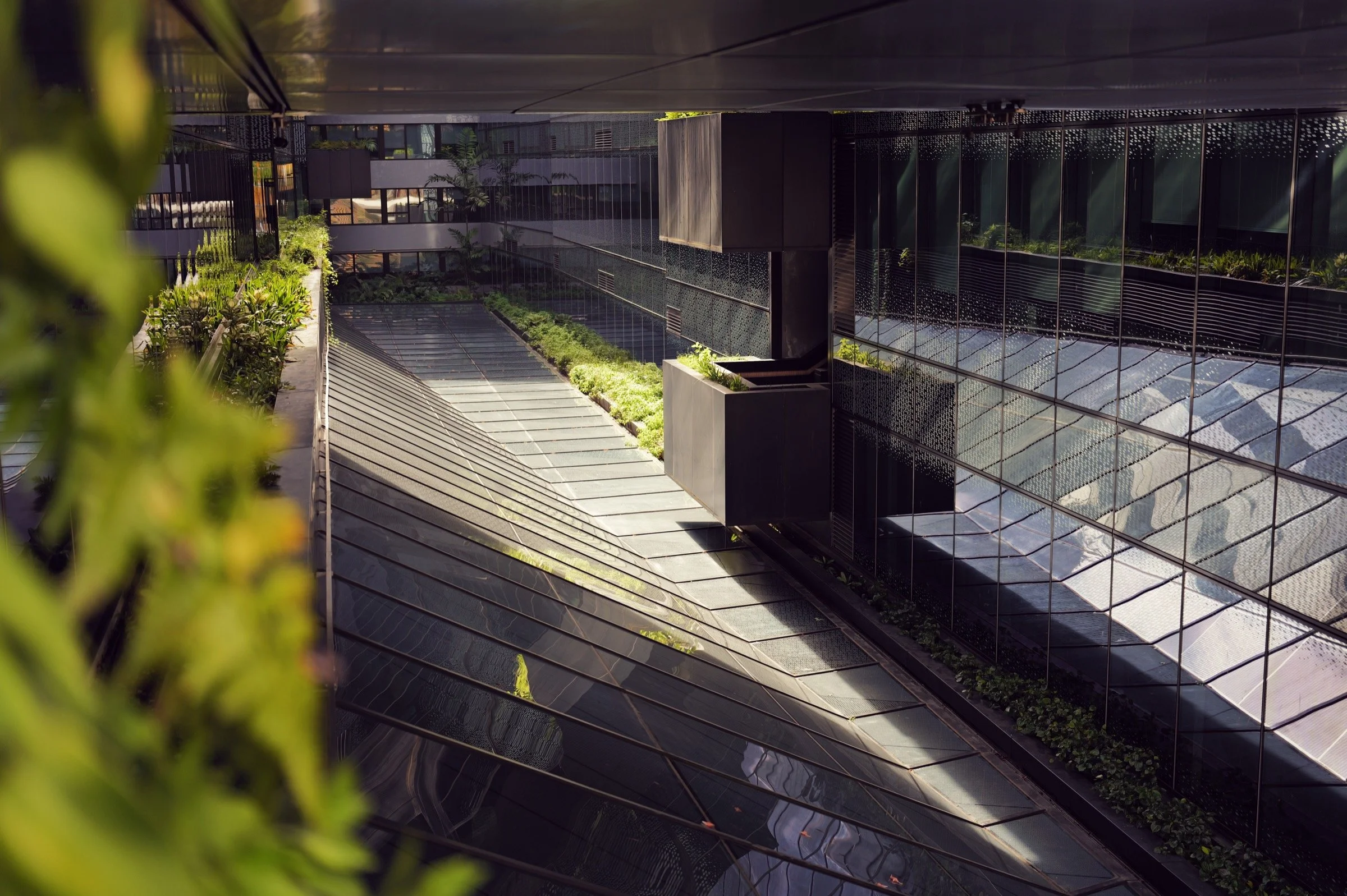 Sunlight and geometric shadows fall across a rooftop walkway beside glass walls and greenery.