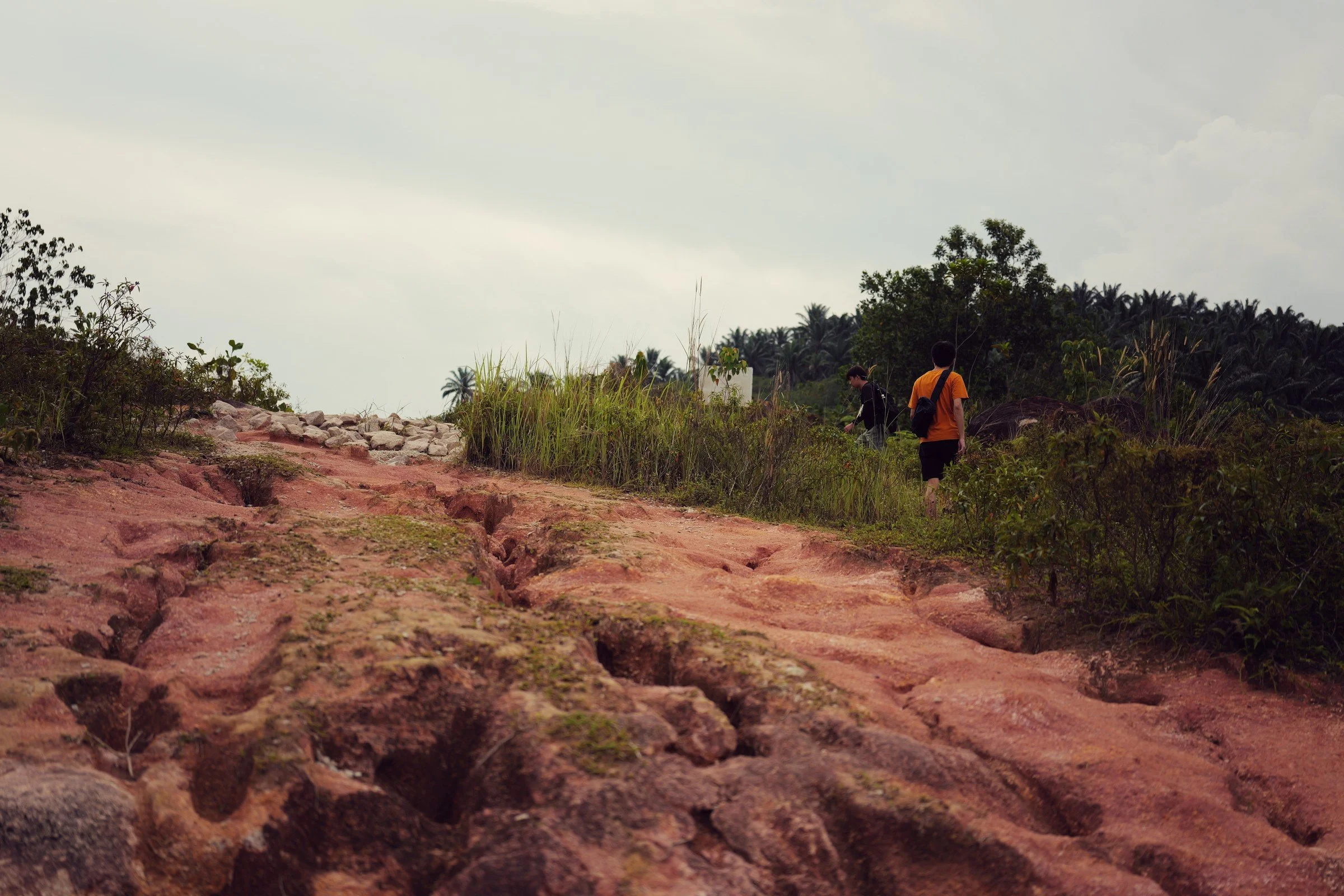 An ochre trail crosses eroded rock with a hiker in the distance.