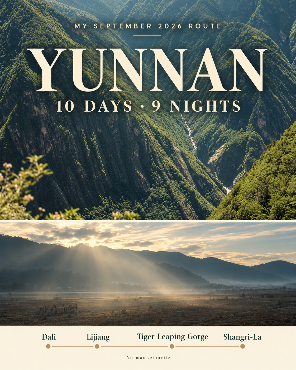 Yunnan 10 days, 9 nights itinerary cover combining Tiger Leaping Gorge and Napa Lake photographs, with the Dali, Lijiang, Tiger Leaping Gorge and Shangri-La route.