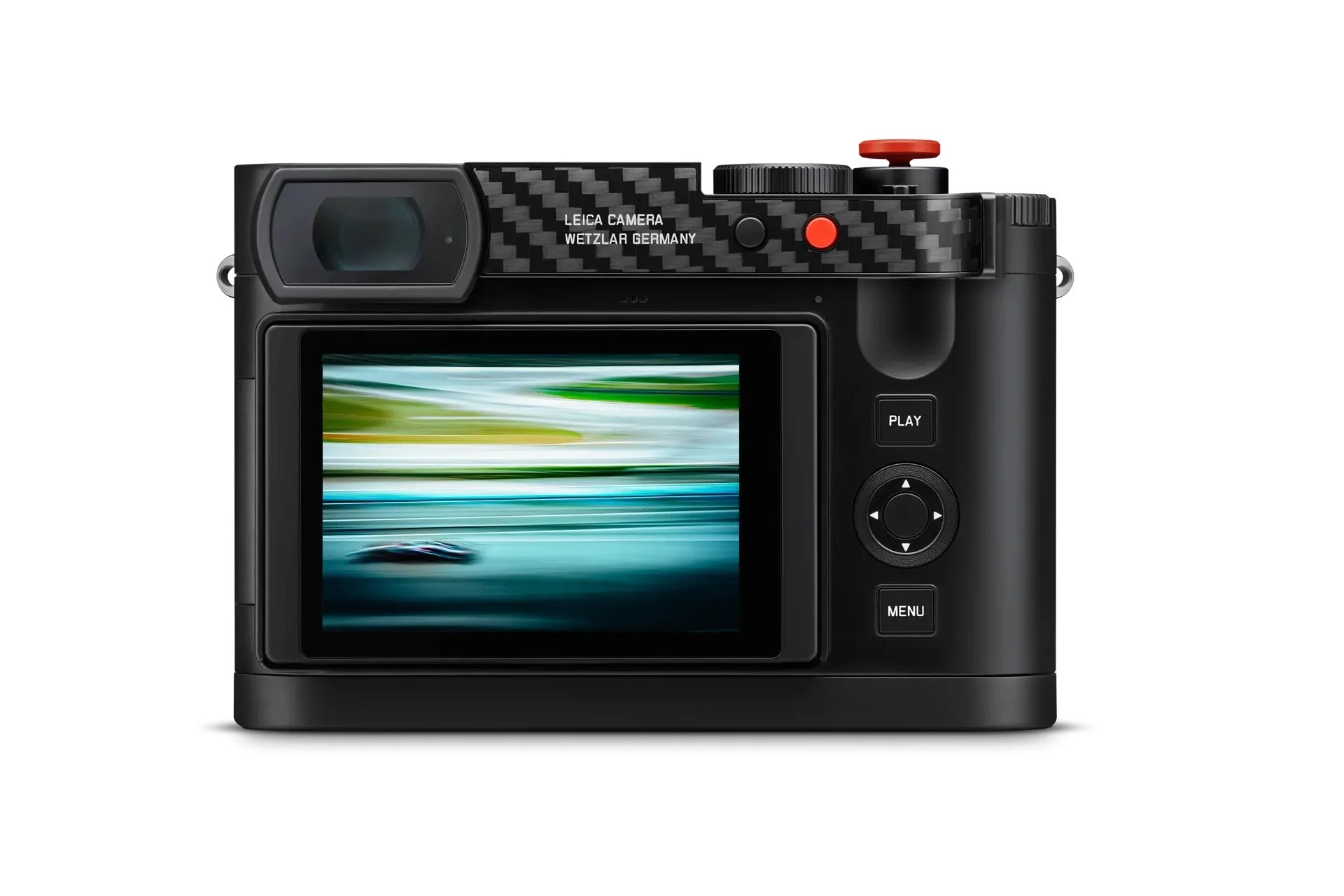 Rear view of the Leica Q3 43 Formula 1 Edition, with carbon-fibre thumb rest, red controls and a racing image on its screen.