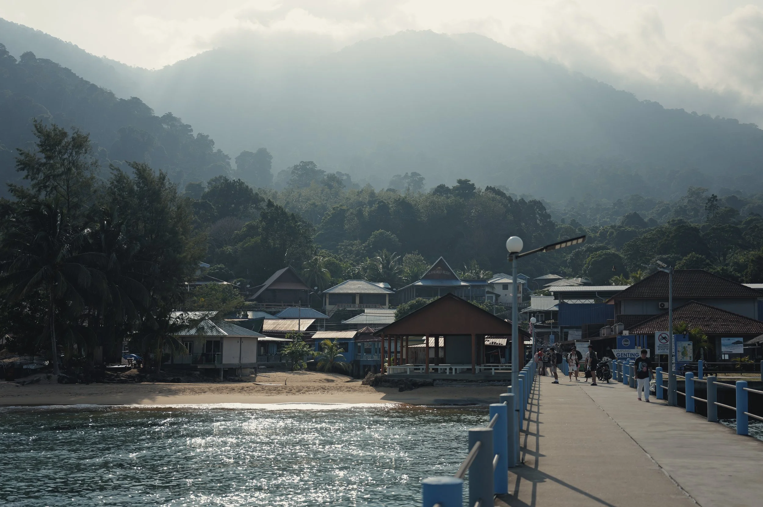 View of a small lakeside community nestled in lush green mountains with mist in the background. The foreground shows a pier and boats, with houses and buildings along the shoreline, some with signage and outdoor seating.