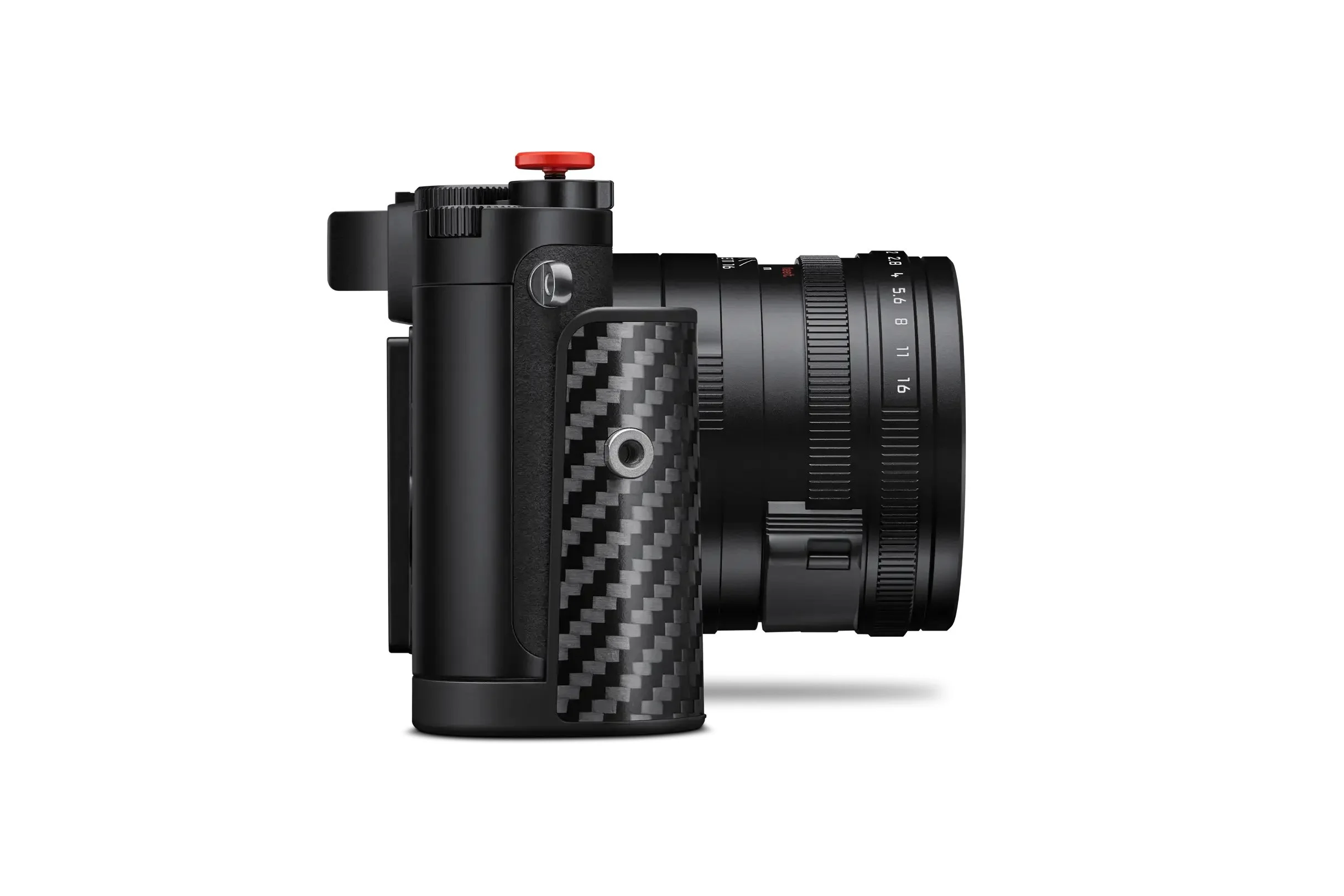 Side view of the Leica Q3 43 Formula 1 Edition, showing the carbon-fibre hand grip and fixed 43mm lens.