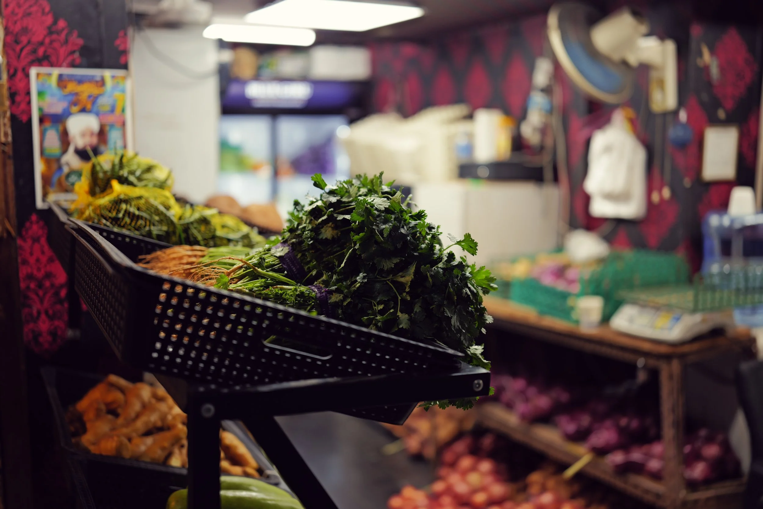 Fresh cilantro and other vegetables on display in a grocery store produce aisle.