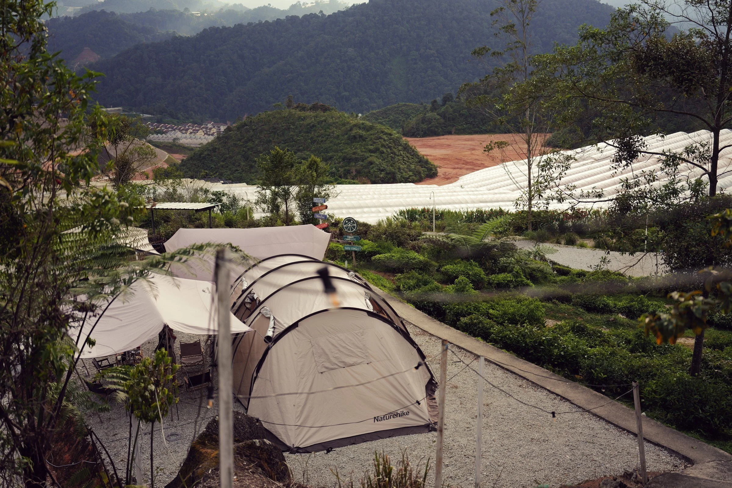 Canvas tents sit on a gravel terrace above a green valley.