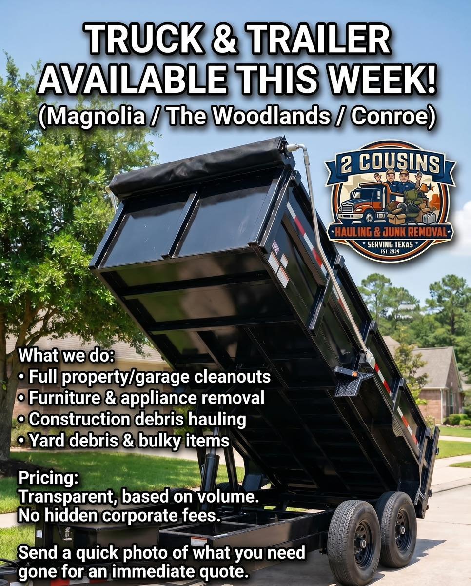 Got weekend project clutter? Let us haul it away tomorrow morning!
If you spent the weekend cleaning out the garage, replacing old furniture, or tackling yard waste, don't waste your Monday driving back and forth to the dump.
2 Cousins Hauling &amp; 