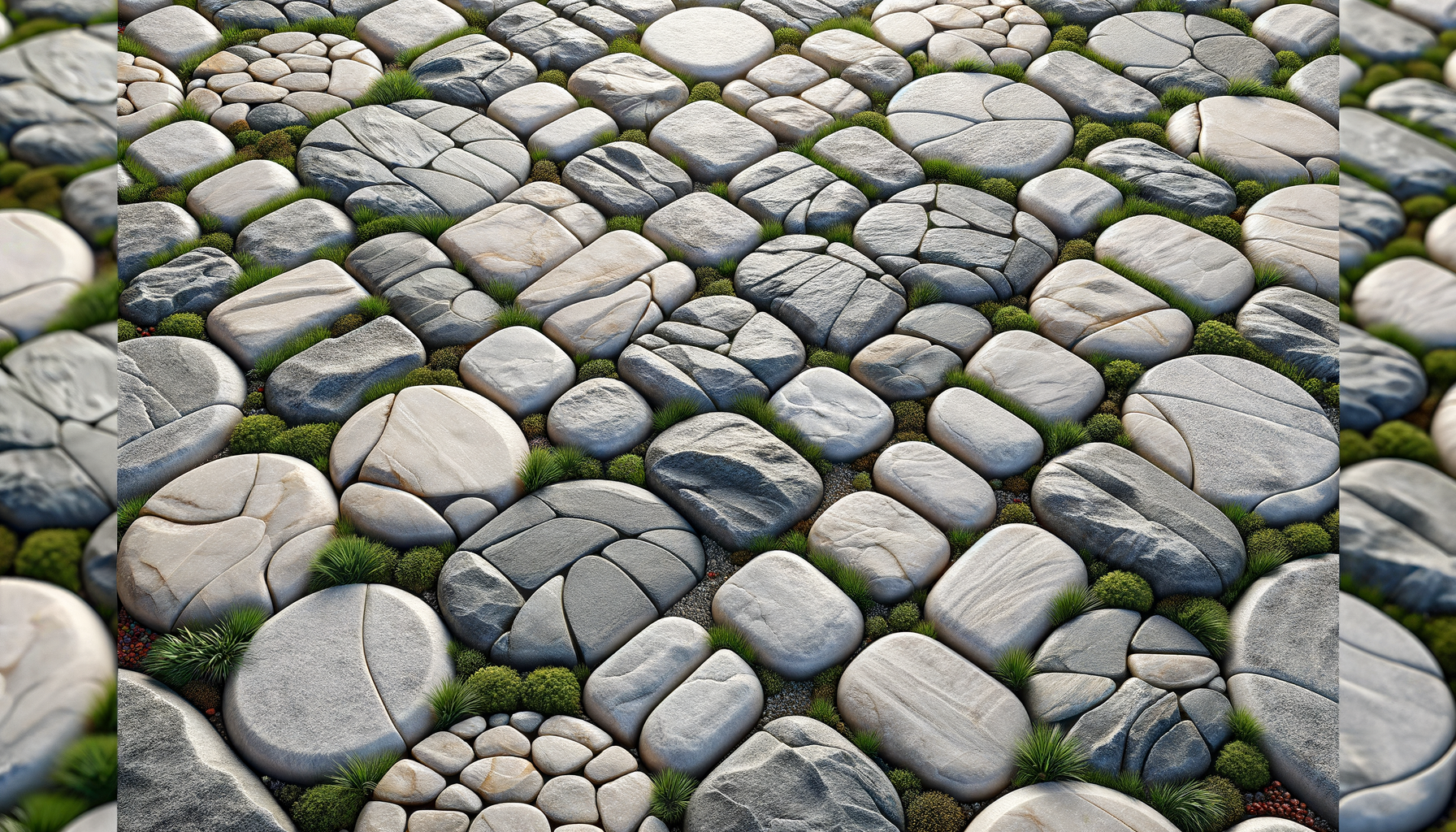 Close-up view of various smooth, rounded gray and white stones arranged in a pattern with small patches of green grass and moss between them.