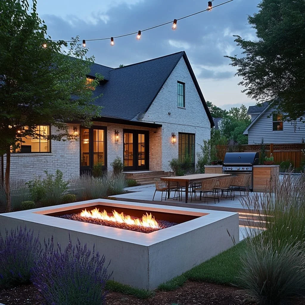 A backyard patio at dusk with a modern fire pit, outdoor dining table with chairs, grill, and string lights, surrounded by trees and shrubs.