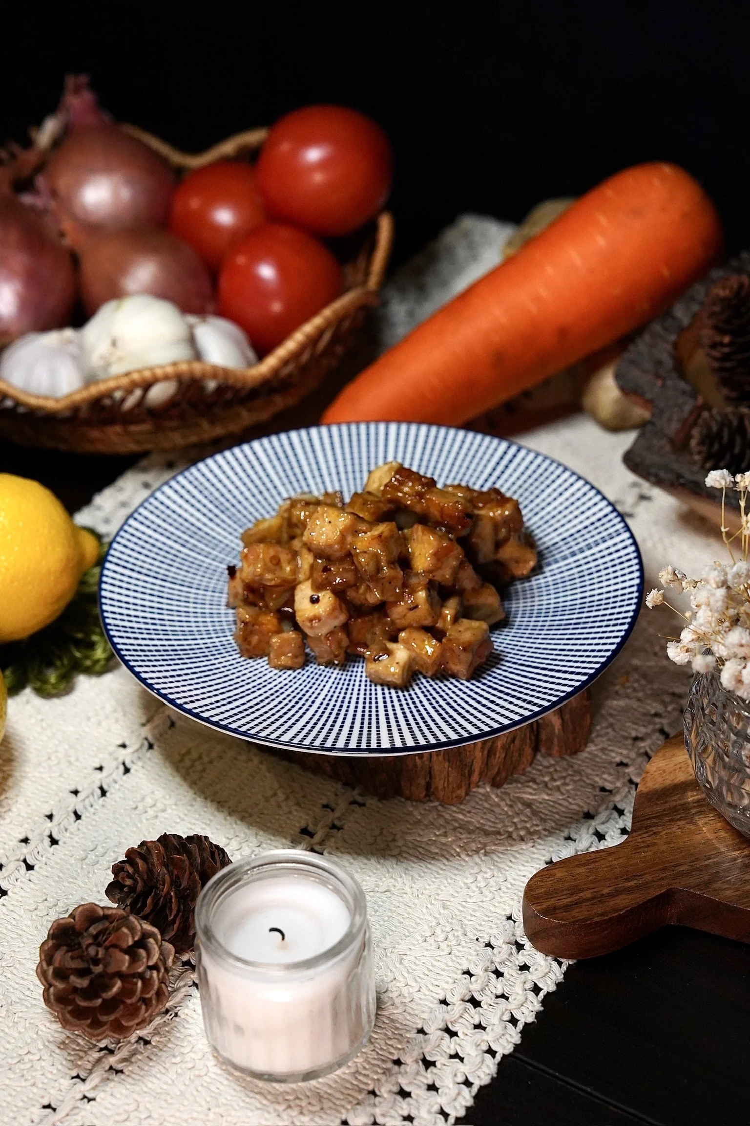 A plate of Tofu Sisig or Stir-fried tofu with onion, garlic, lemon and vegan mayo.