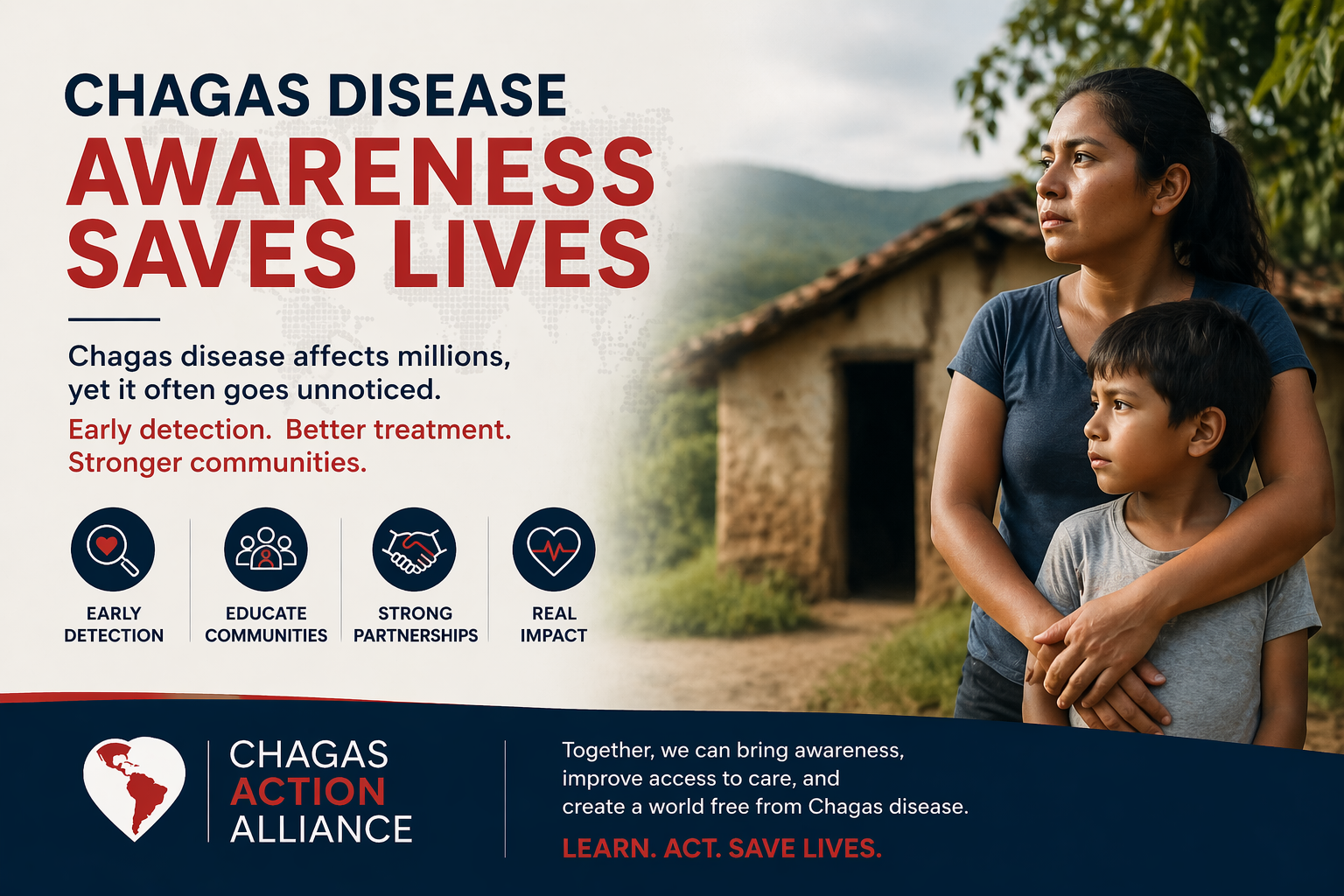 Chagas disease awareness infographic showing early detection, community education, and treatment impact — supporting the Chagas Action Alliance mission to fight Chagas disease and save lives