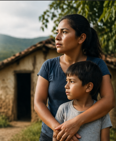 A woman and a young boy standing outdoors with trees and a building in the background. The woman has her arm around the boy, both looking to the side.