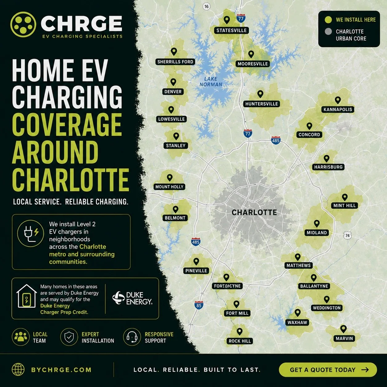 Map showing Charlotte, North Carolina, and surrounding neighborhoods covered by Charge EV charging service, including locations like Sherrills Ford, Mooresville, Huntersville, Kannapolis, Concord, Harrisburg, Mint Hill, Midland, Matthews, Ballantyne, Weddington, WAXHAW, Marvin, Rock Hill, Fort Mill, Pineville, Belmont, Mount Holly, Denver, Lowesville, Stanley, and Statesville. Green circles indicate areas where Level 2 EV chargers are installed, with a legend also showing Charlotte Urban Core in gray.