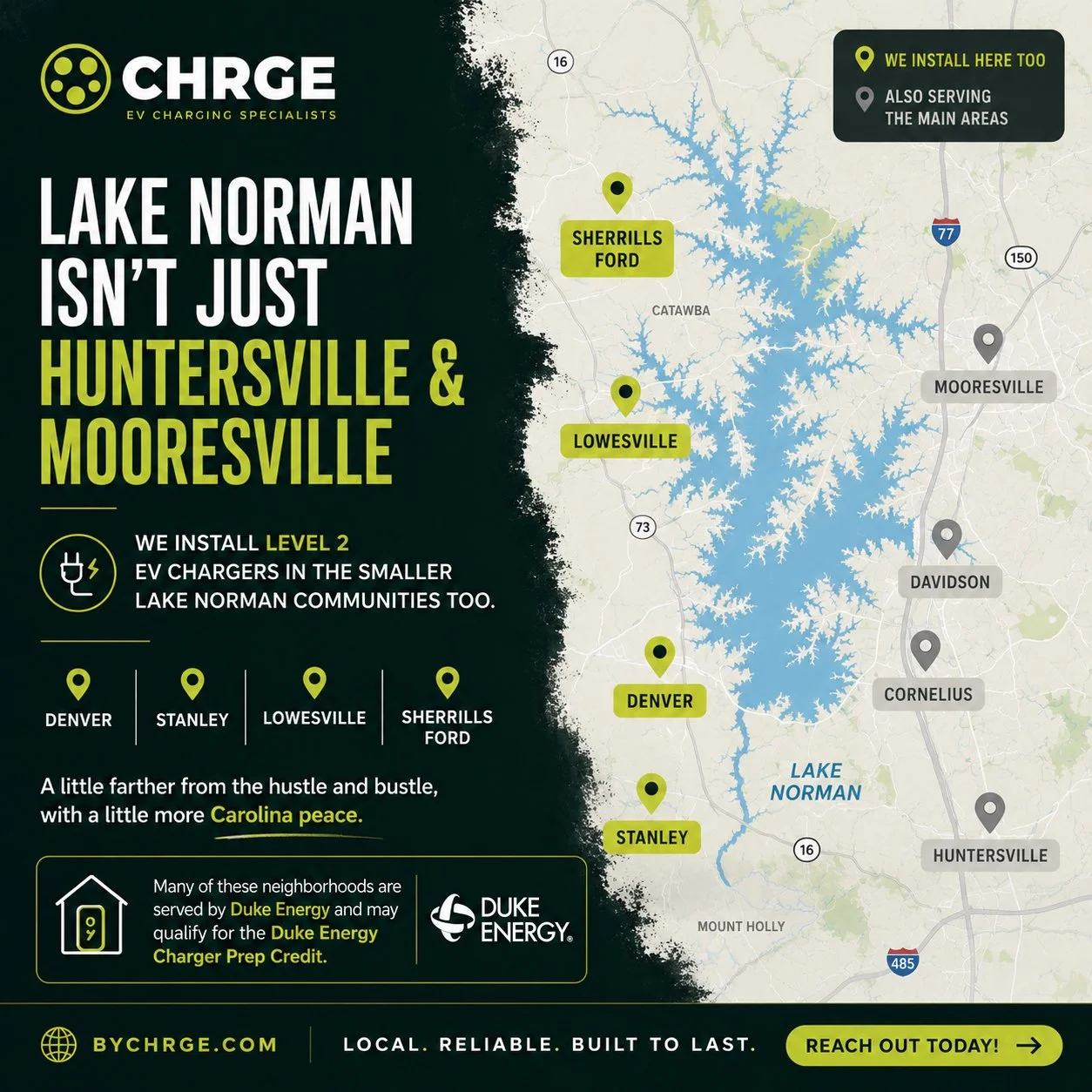 When people think of Lake Norman, they usually think of Huntersville, Cornelius, Davidson, and Mooresville.  But Chrge also serves communities like Denver, Stanley, Lowesville, and Sherrills Ford.