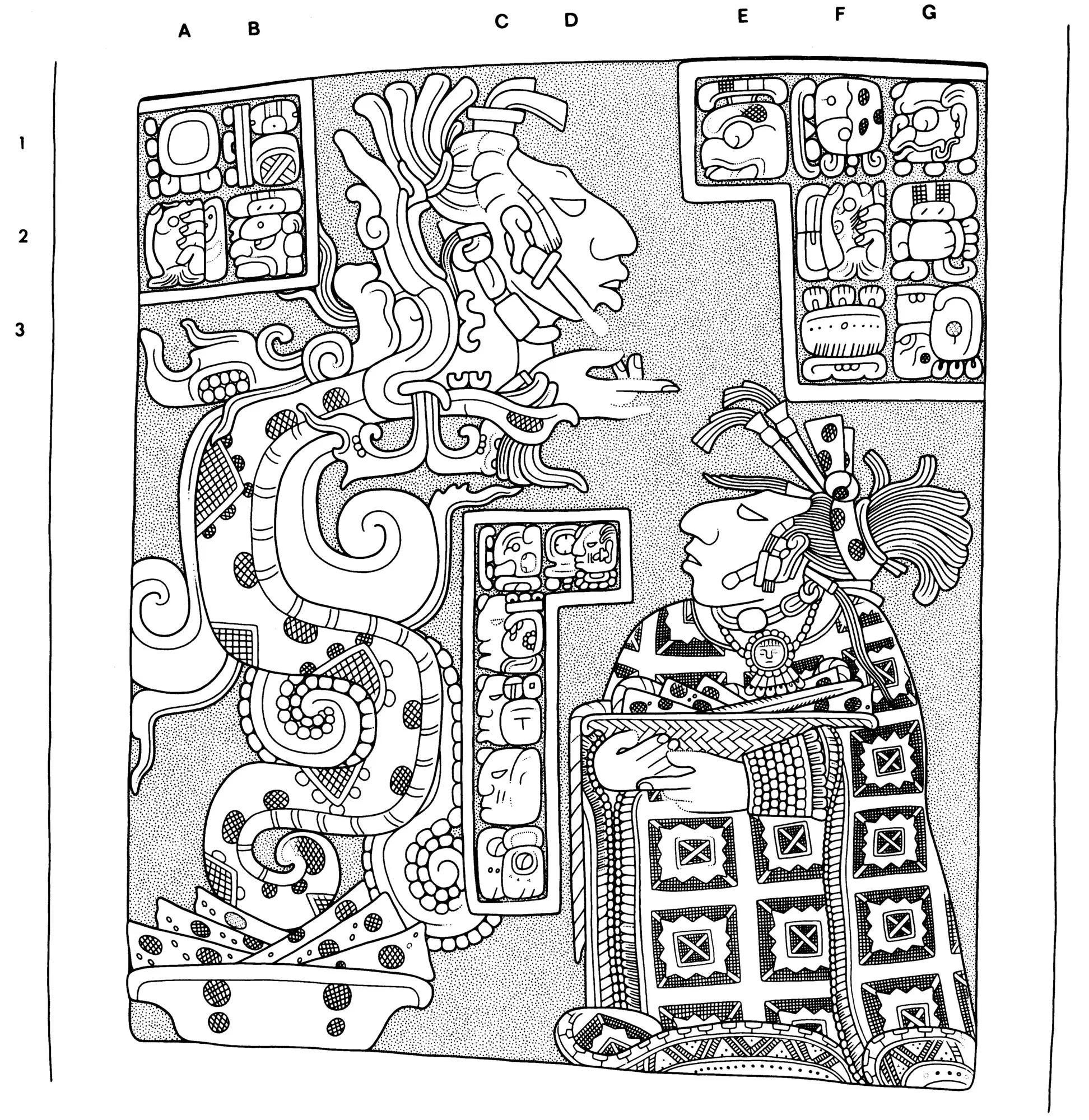 A detailed black and white illustration inspired by ancient Mesoamerican art, showcasing Ancient Mayan stone carving of an ancient Maya woman, wearing  the Rhomboid found in Papalotl Clothing's Tzotzil Mayan Embroidered huipil from Larrainzar Chiapas