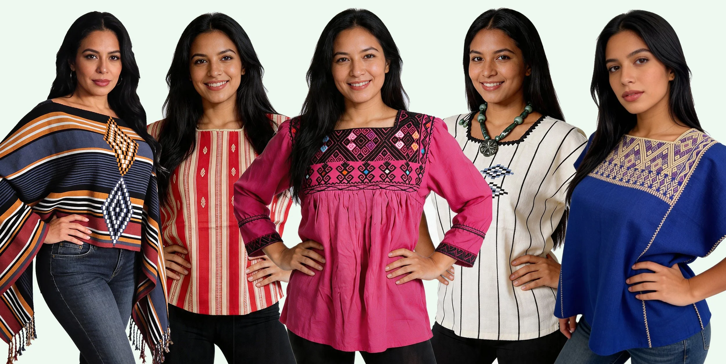 Five women with long dark hair standing side by side, smiling, wearing colorful traditional embroidered and patterned Mayan blouses or huipiiles against a light background.