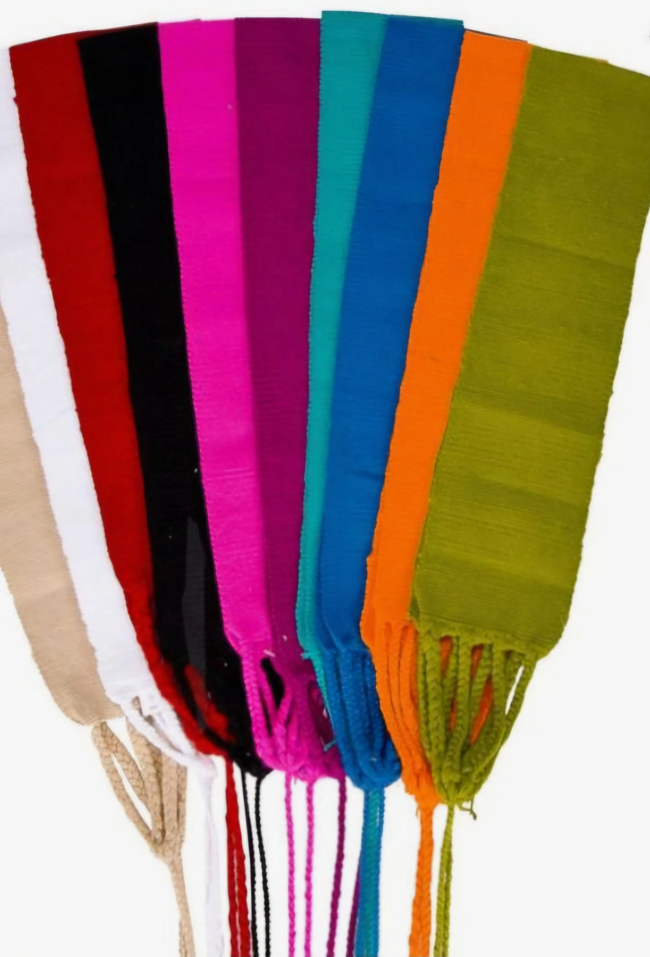 A collection of colorful zippered pouches arranged in a semi-circle, featuring red, black, pink, purple, teal, blue, orange, and green colors, with zipper tags hanging at the bottom.