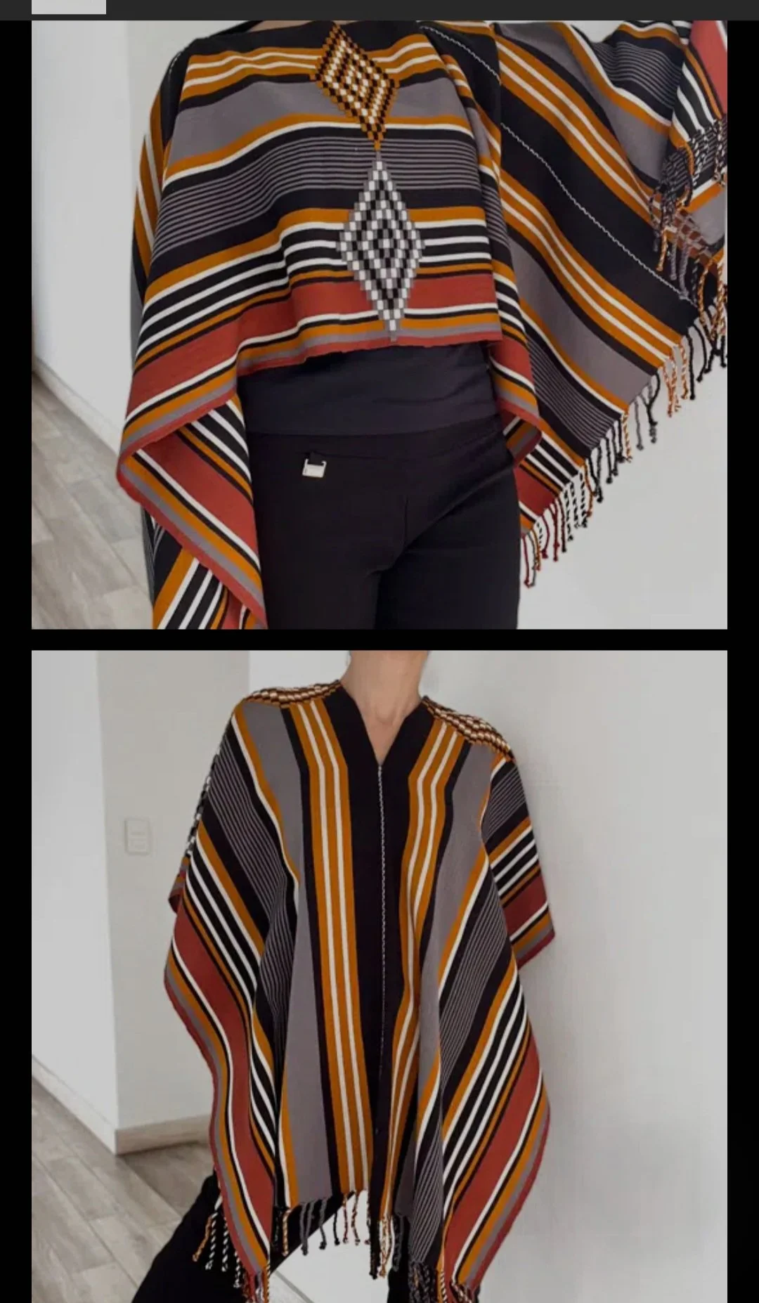 Two images featuring women wearing bohemian-style shawls with striped patterns in black, white, orange, and beige. The shawls have fringe details along the edges.
