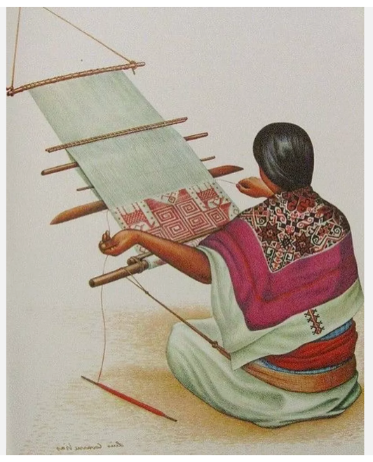 A Mayan woman weaving on a traditional backstrap loom, dressed in colorful patterned clothing, sitting on the ground.