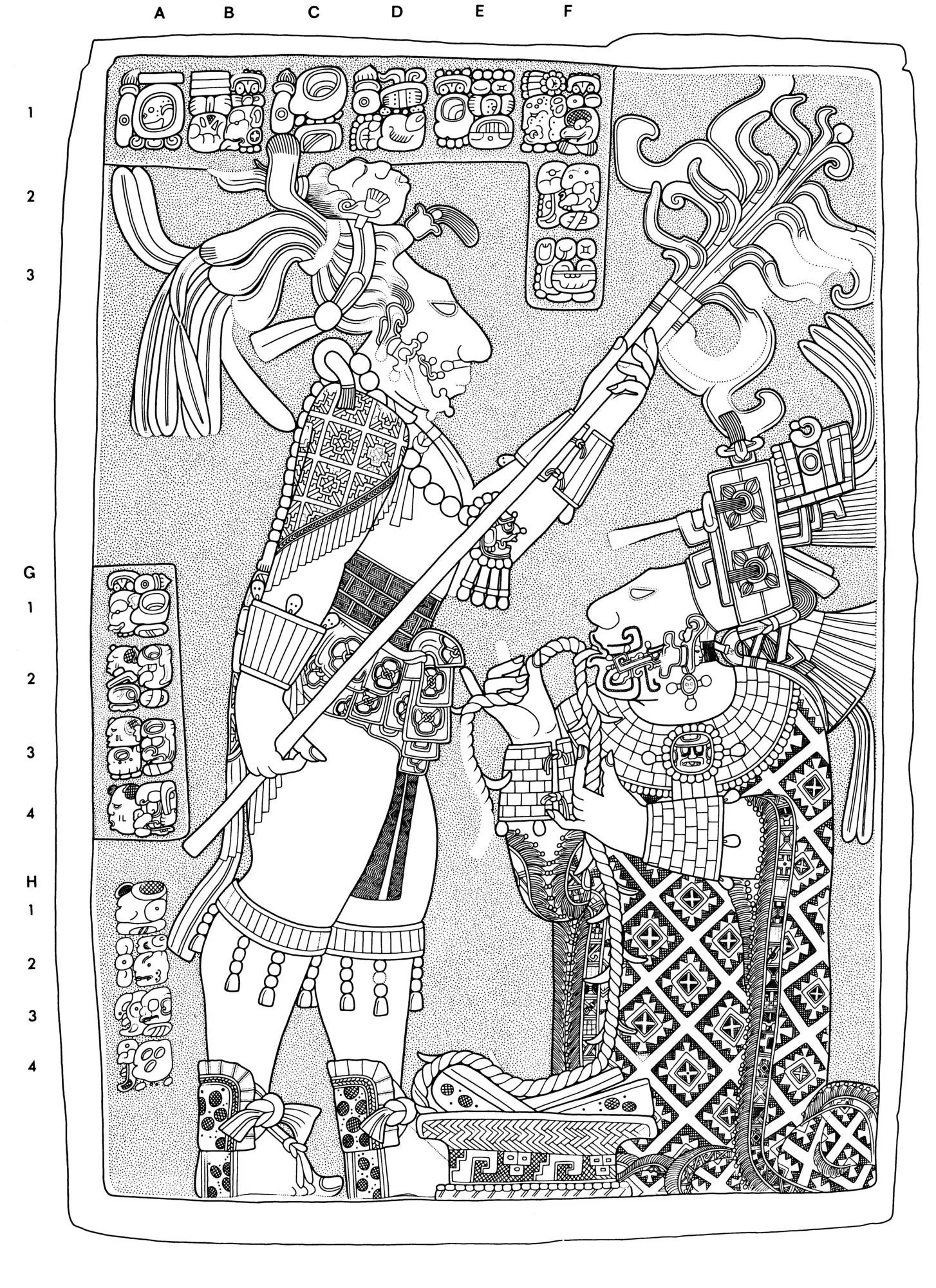 A detailed drawing of an ancient Mesoamerican scene from Mayan stone carving depicting  Lady Xook of Yaxchilan, an ancient Maya woman, wearing the Rhomboid found in Papalotl Clothing's Tzotzil Mayan Embroidered  huipil from Larrainzar Chiapas