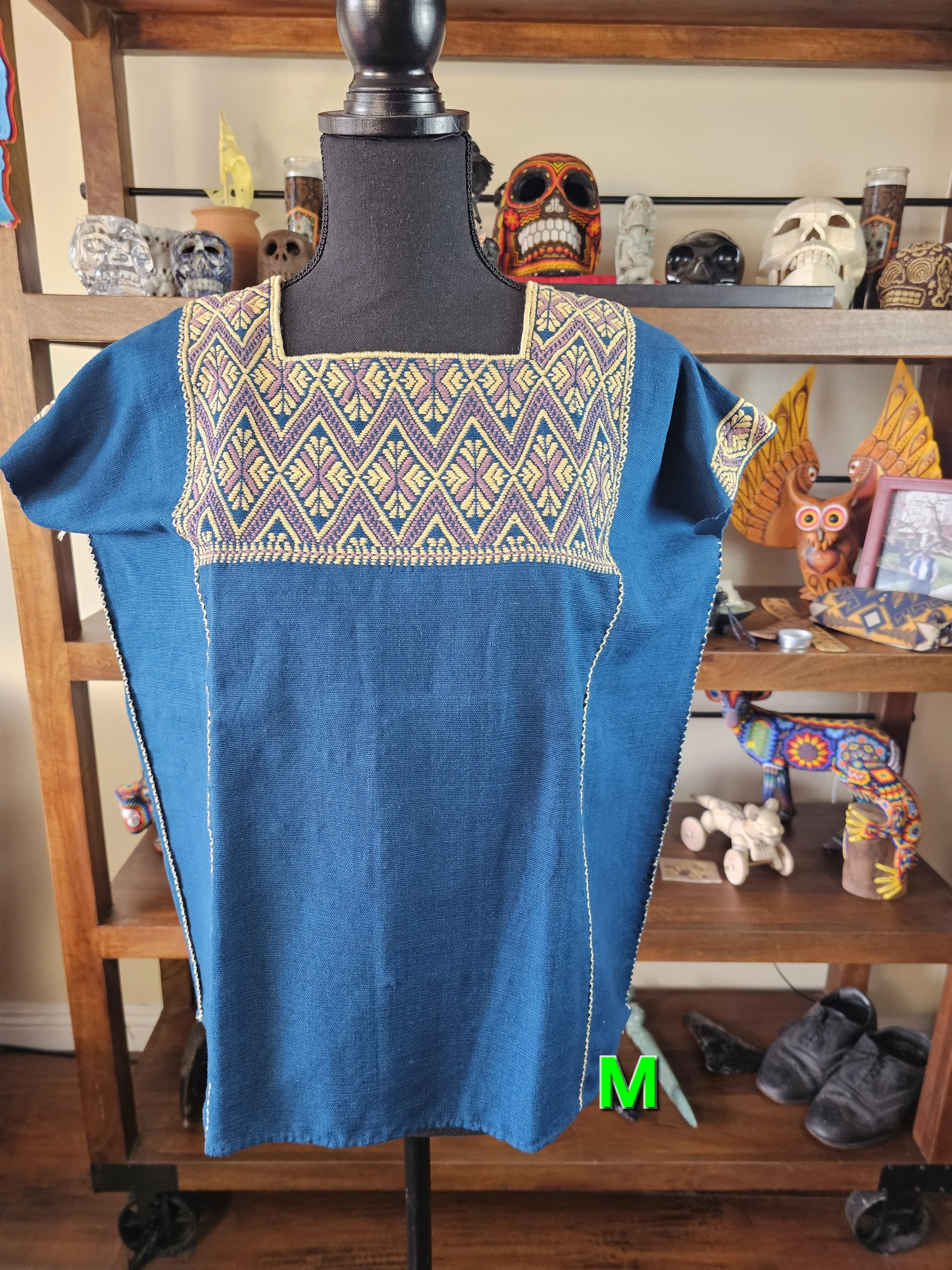 Aqua Blue Embroidered Larrainzar Huipil