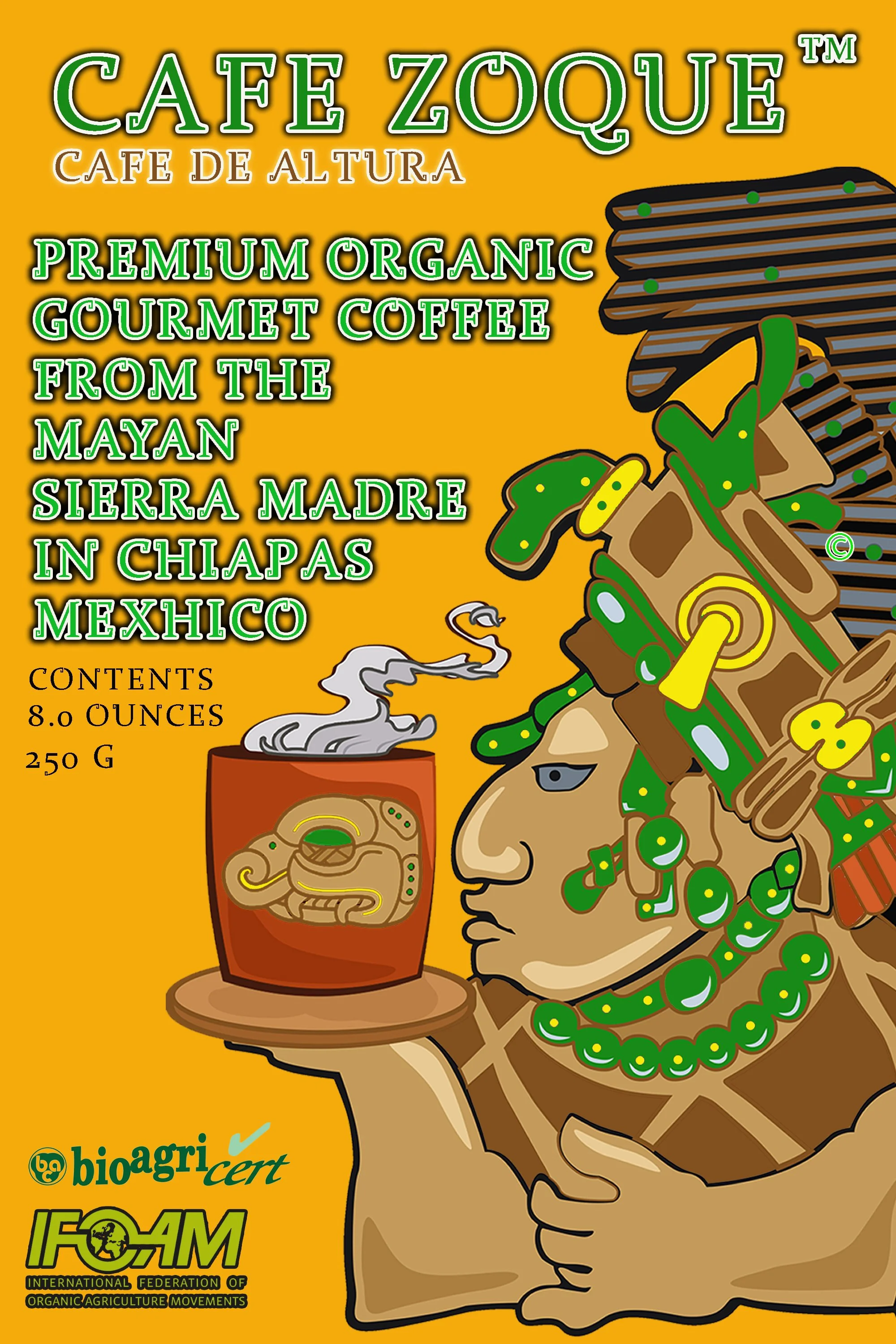 A Mayan-style illustrated woman with green jewelry and headdress, holding a glass of coffee, with coffee beans, steam, and Mayan motifs on a yellow background, advertising Cafe Zoque organic coffee.