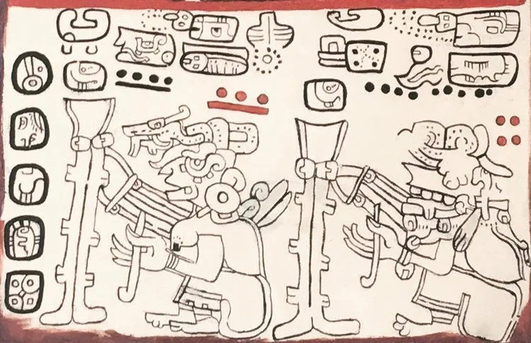 Prehispanic codex Tro-Cortesiano or Madrid Codex showing Ixchel and her daughter Ix Chebel Ya'ax working on the Mayan backstrap loom