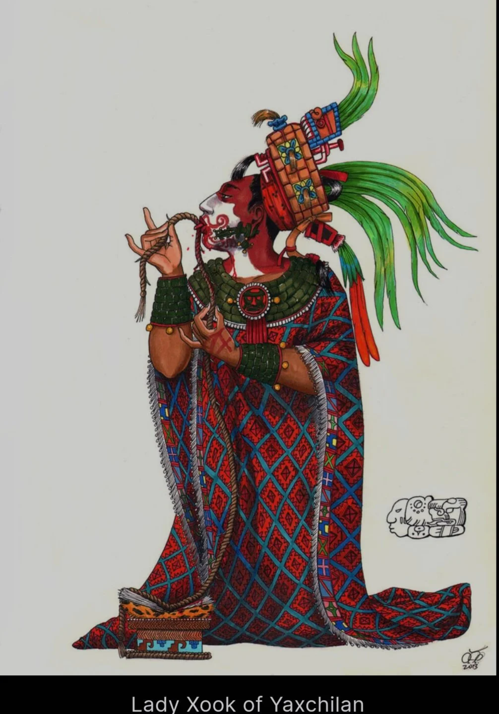 Illustration of Lady Xook of Yaxchilan, wearing elaborate traditional attire that features the Rhomboid depicted in a colorful, stylized art style just like the Tzotzil Mayan embroidered huipil from Larrainzar Chiapas sold by Papalotl Clothing