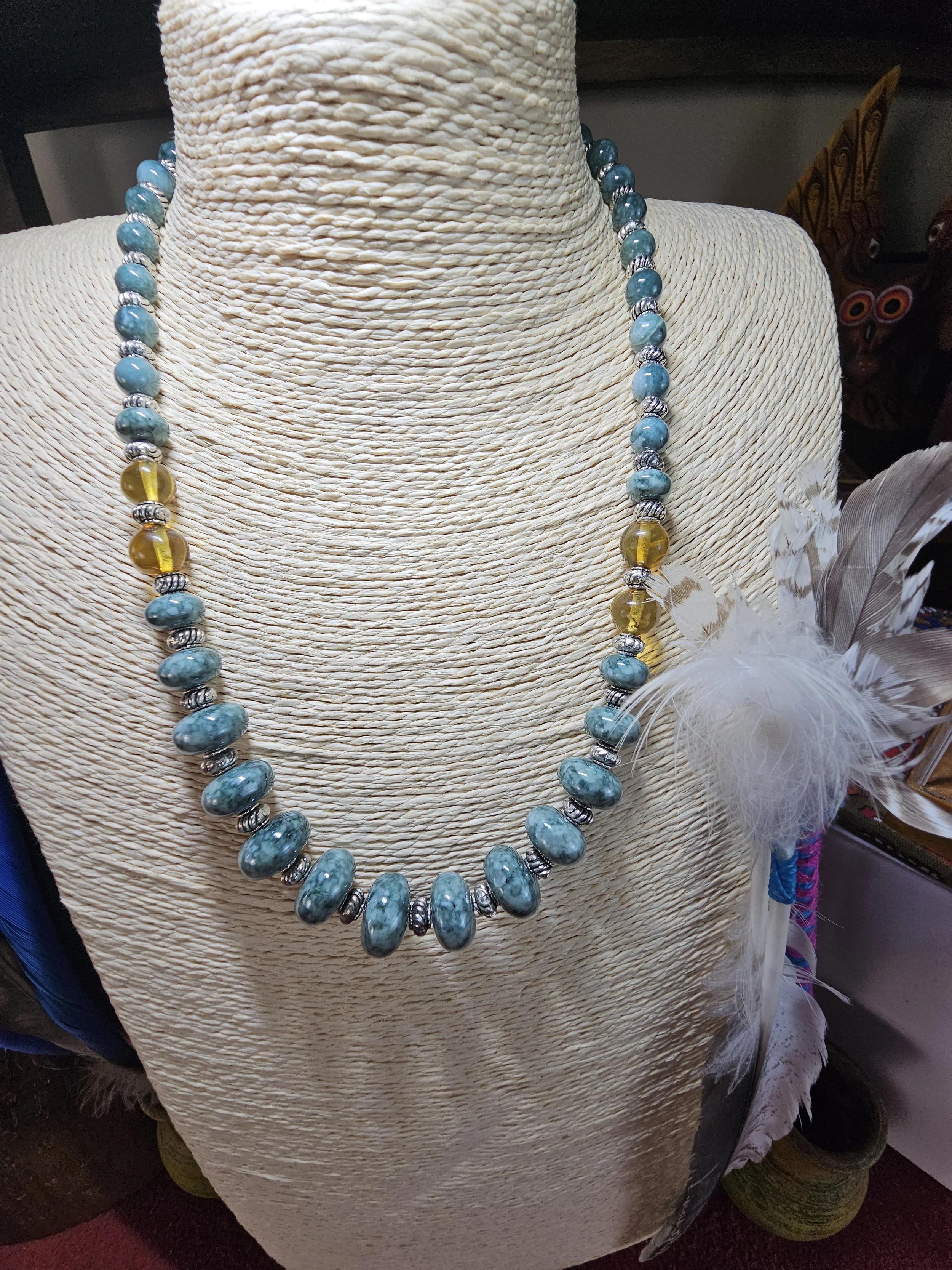 Oval Jaguar Jade Beaded Necklace with Amber.jpg