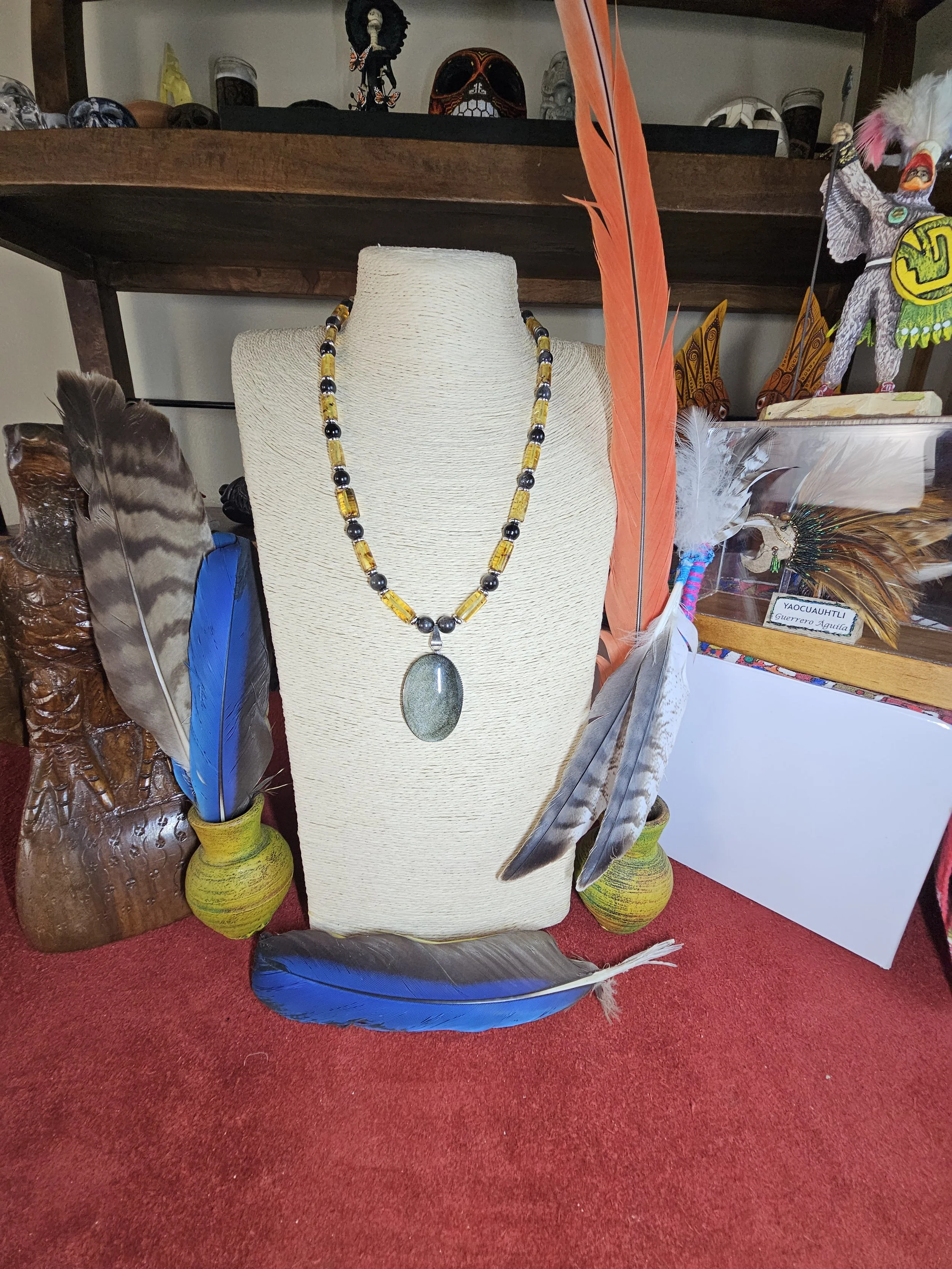 Oval Silver Sheen Obsidian Pendant & Amber Tube Necklace 4.jpg