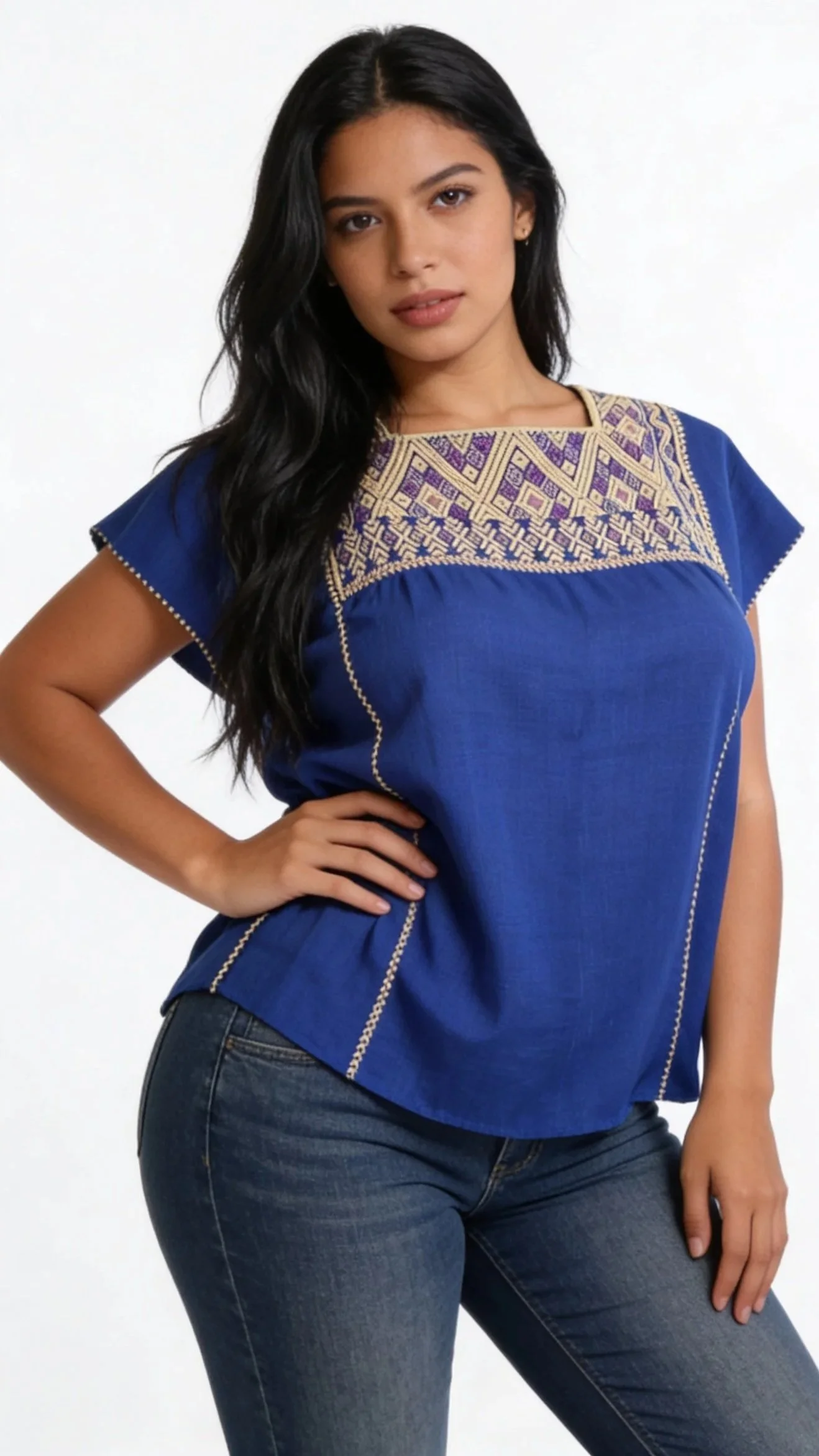 Royal Blue Embroidered Larrainzar Huipil