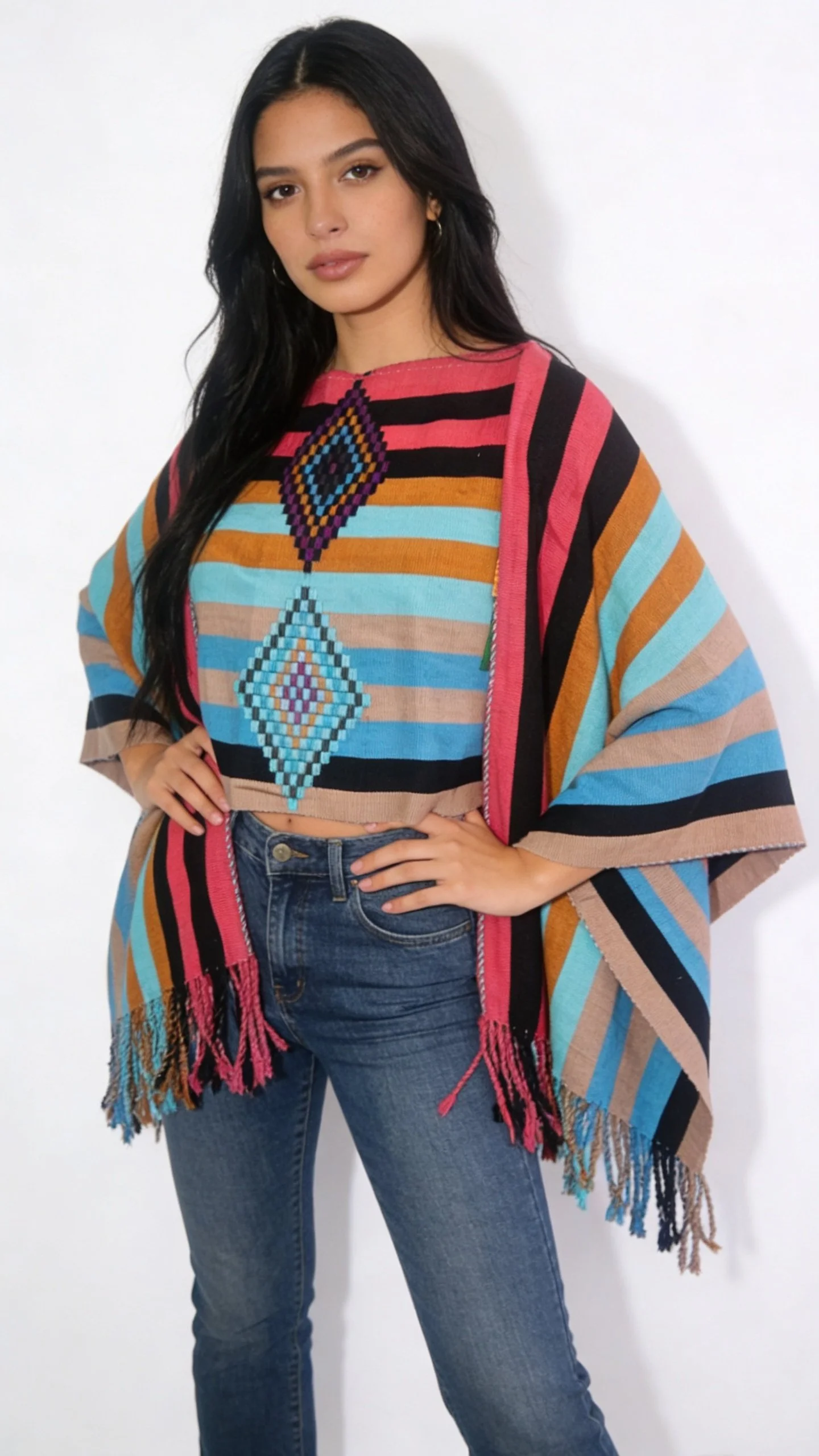 A woman with long black hair wearing a colorful, striped, and patterned poncho over a matching shirt and blue jeans, standing against a white background.