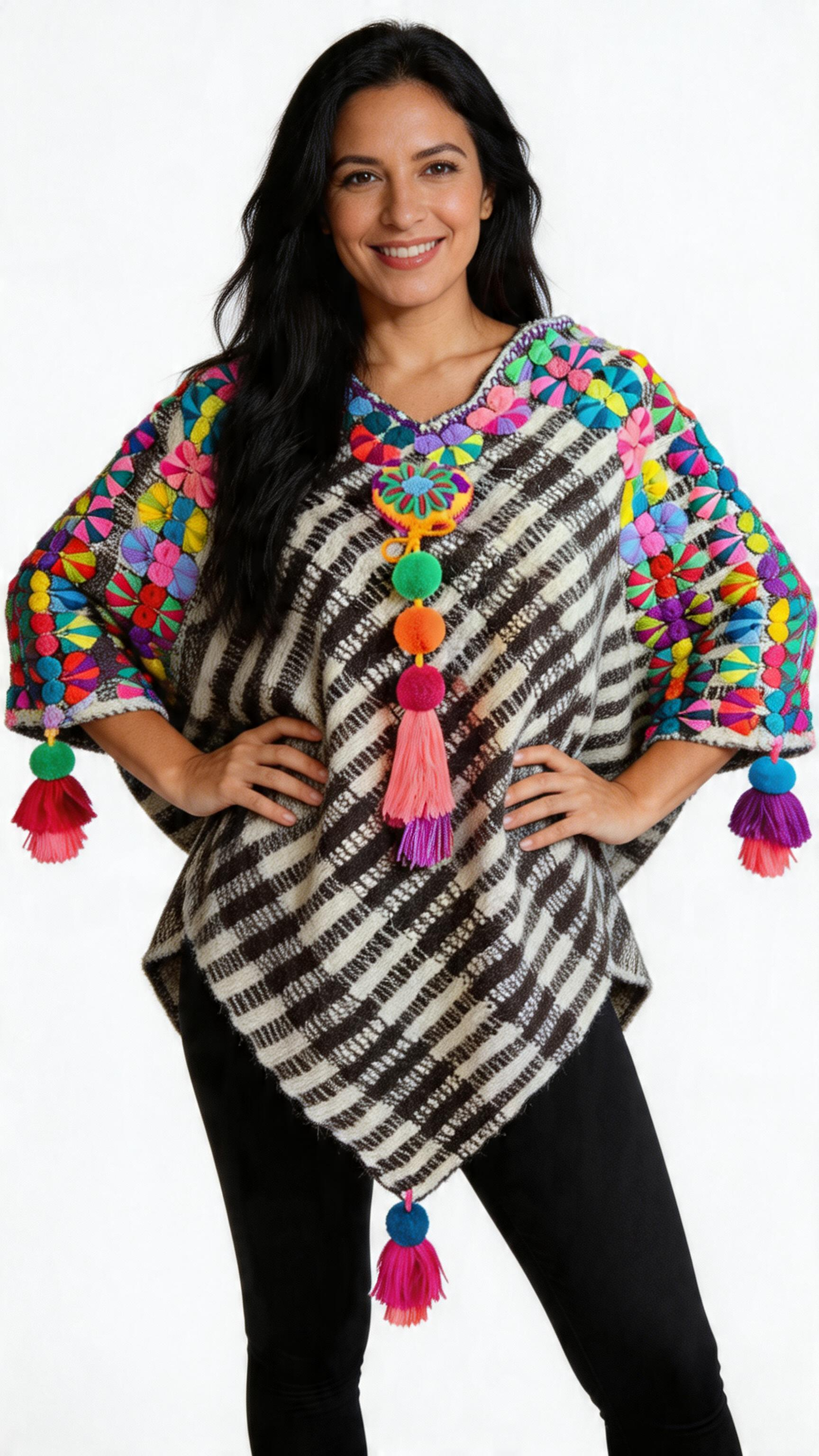 Woman with long dark hair wearing a colorful embroidered top with tassels and pom-poms, standing with hands on hips, smiling against a white background.