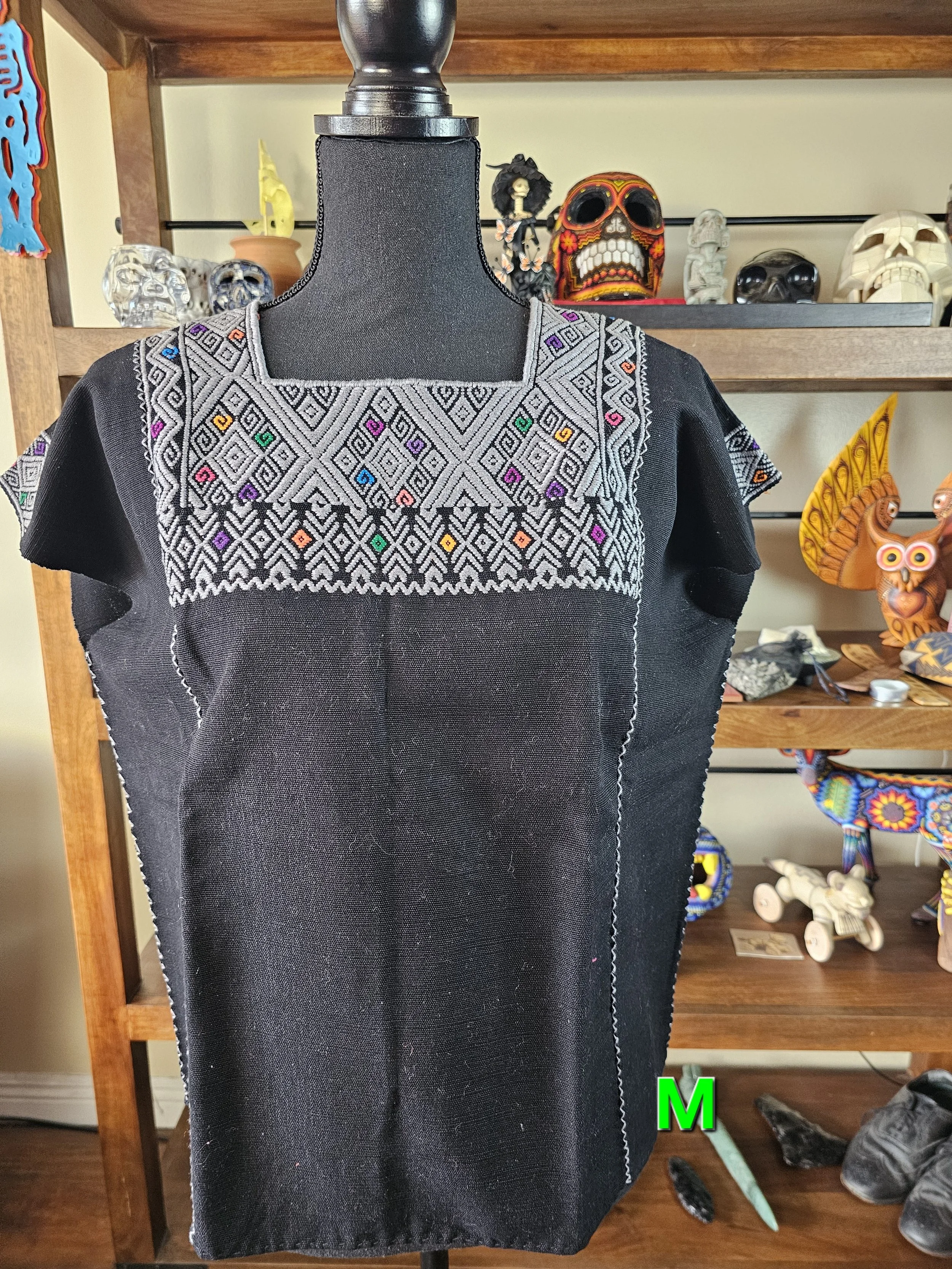 Black  Rhombus Embroidered Larrainzar Huipil