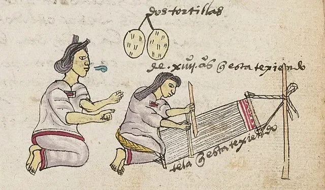 Image from the Codex Mendoza in 1541 showing a mother and her daughter working on the backstrap loom