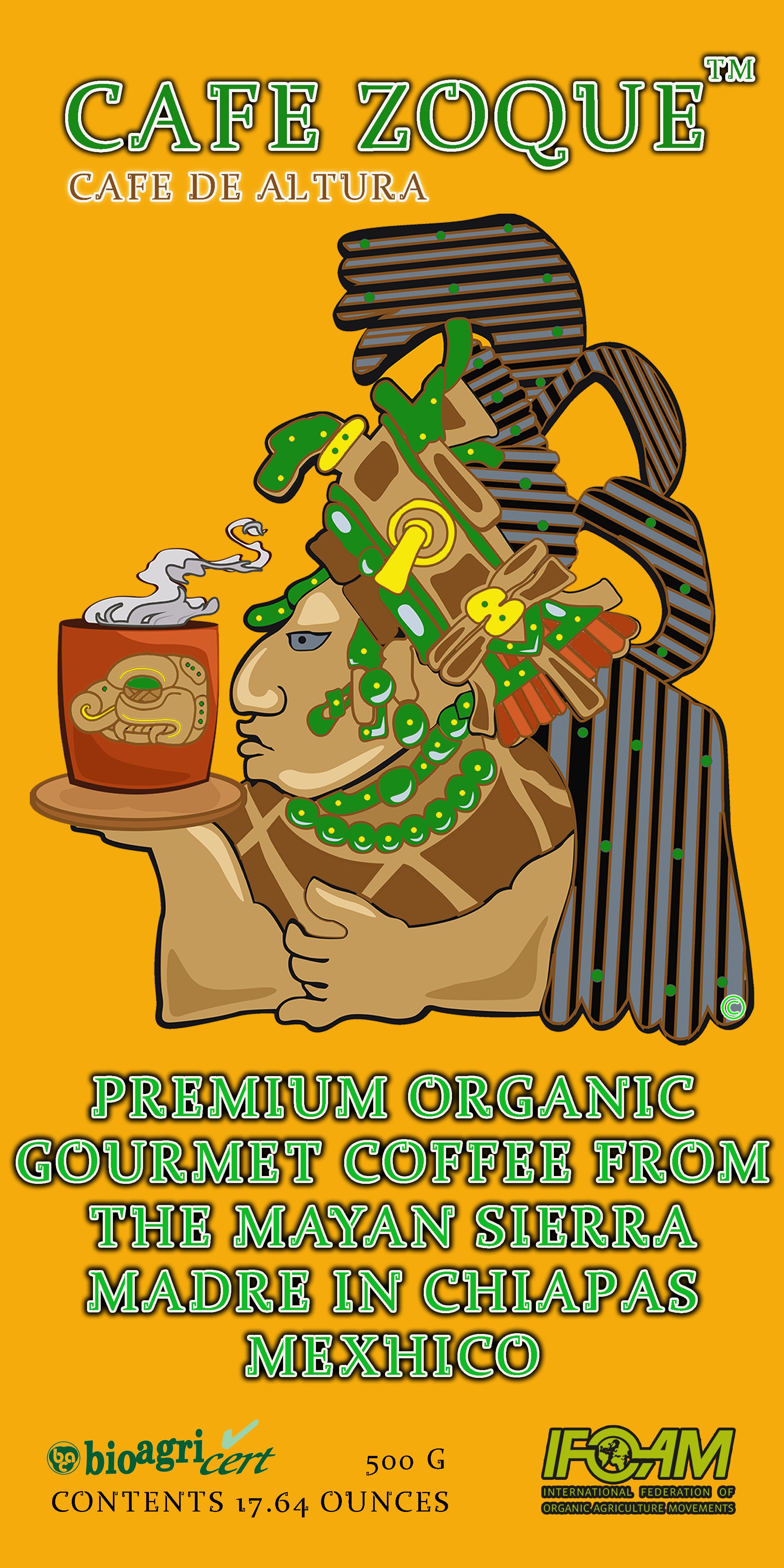 A colorful illustration of a Mayan woman wearing traditional clothing and jewelry, holding a cup of organic coffee with steam rising from it. The background is yellow, with green and white text promoting a premium organic coffee from the Mayan Sierra Madre in Chiapas, Mexico, branded by Biocert and IFOAM.