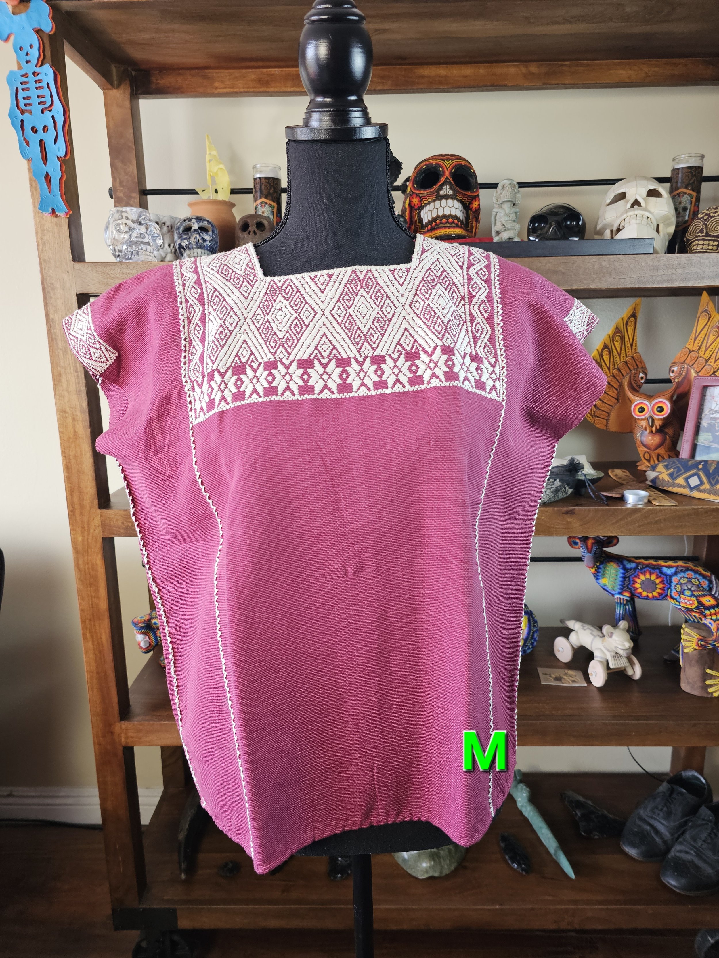 Dark Pink Embroidered Diamond Larrainzar Huipil