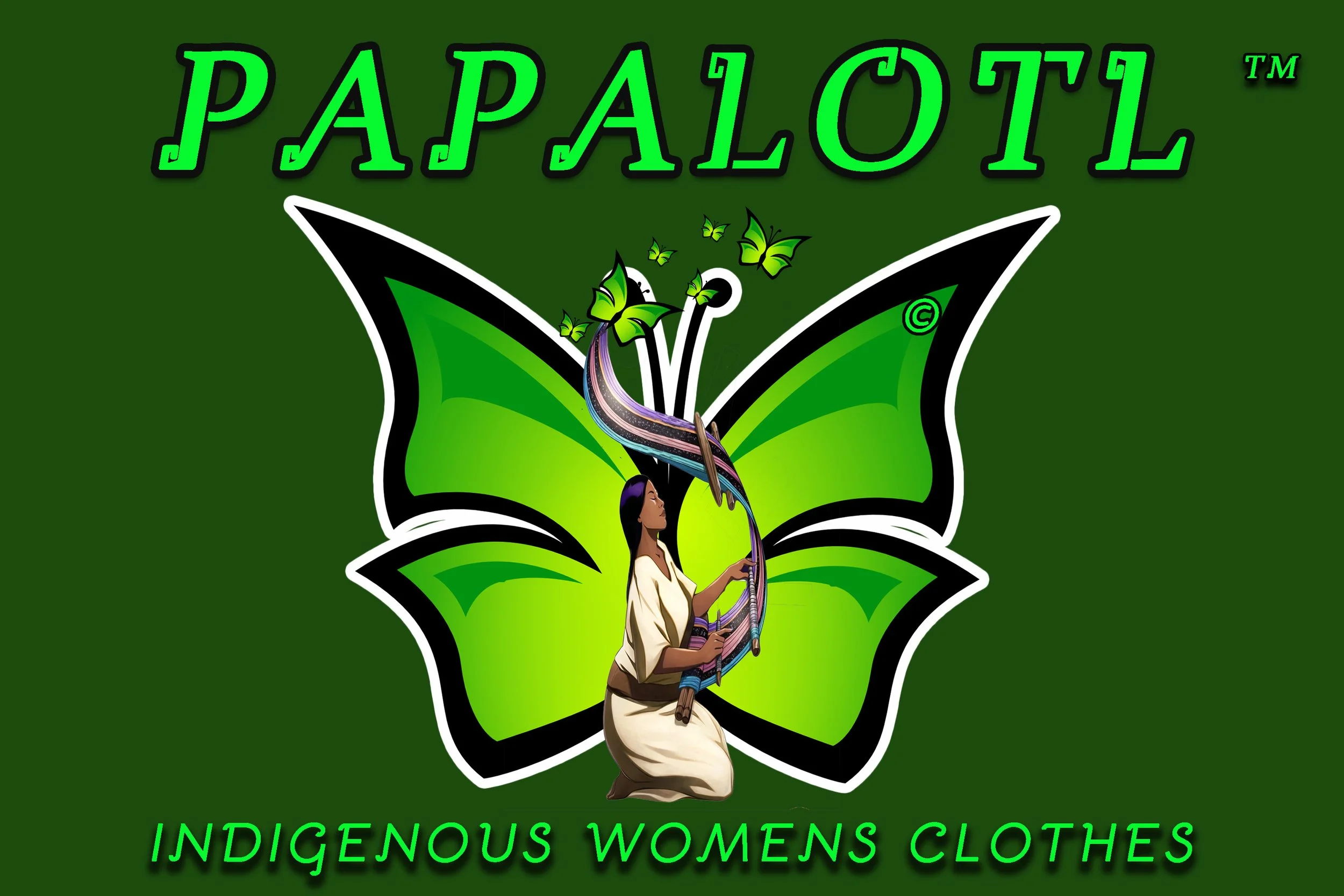 A graphic logo for Indigenous Women's Clothing features a woman in traditional clothing playing a stringed instrument, with butterfly wings and the word 'Papailoti' in green text above. The background is dark green with additional green text at the bottom.